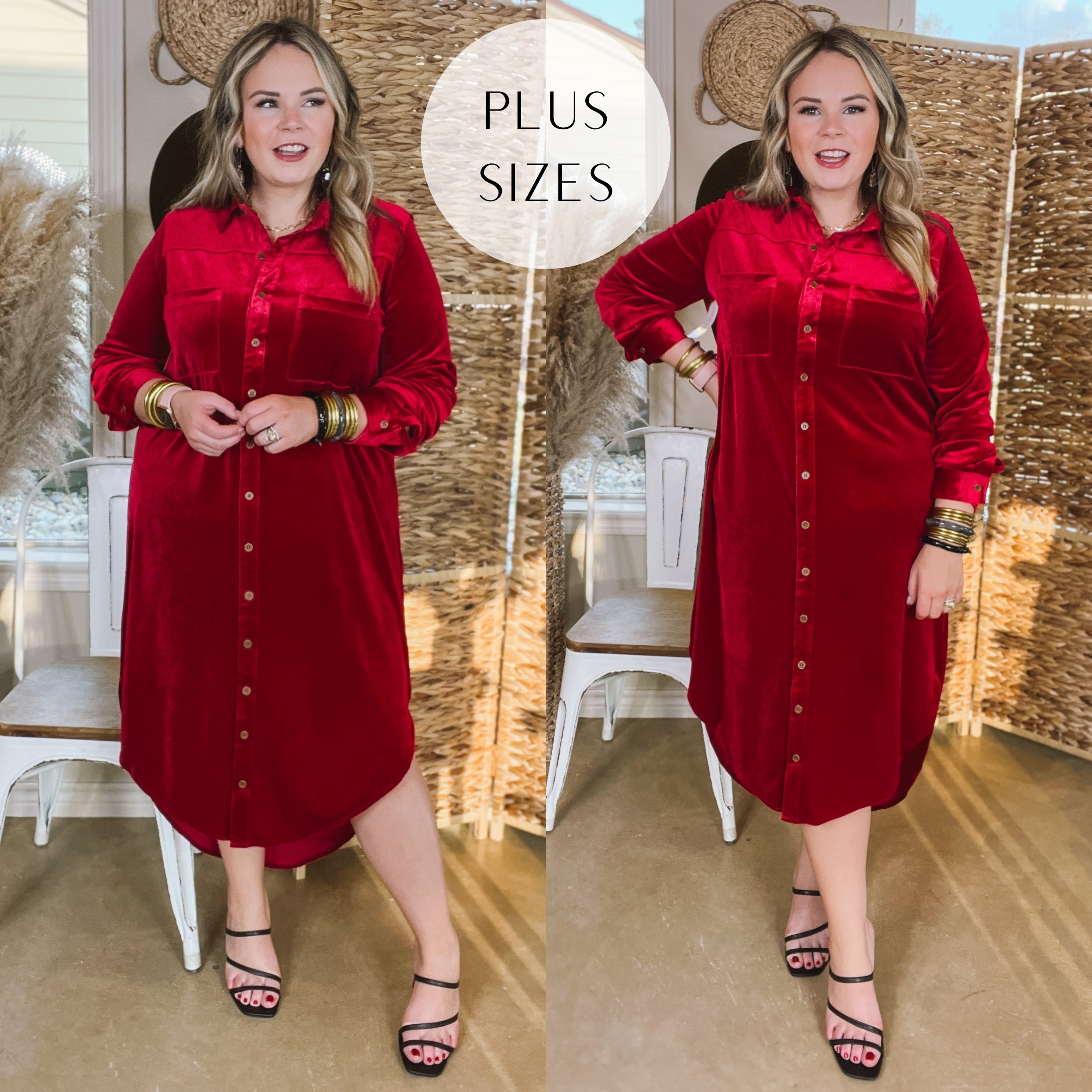 Plus Sizes | London Fog Velvet Button Up Midi Dress with Long Sleeves in Red - Giddy Up Glamour Boutique