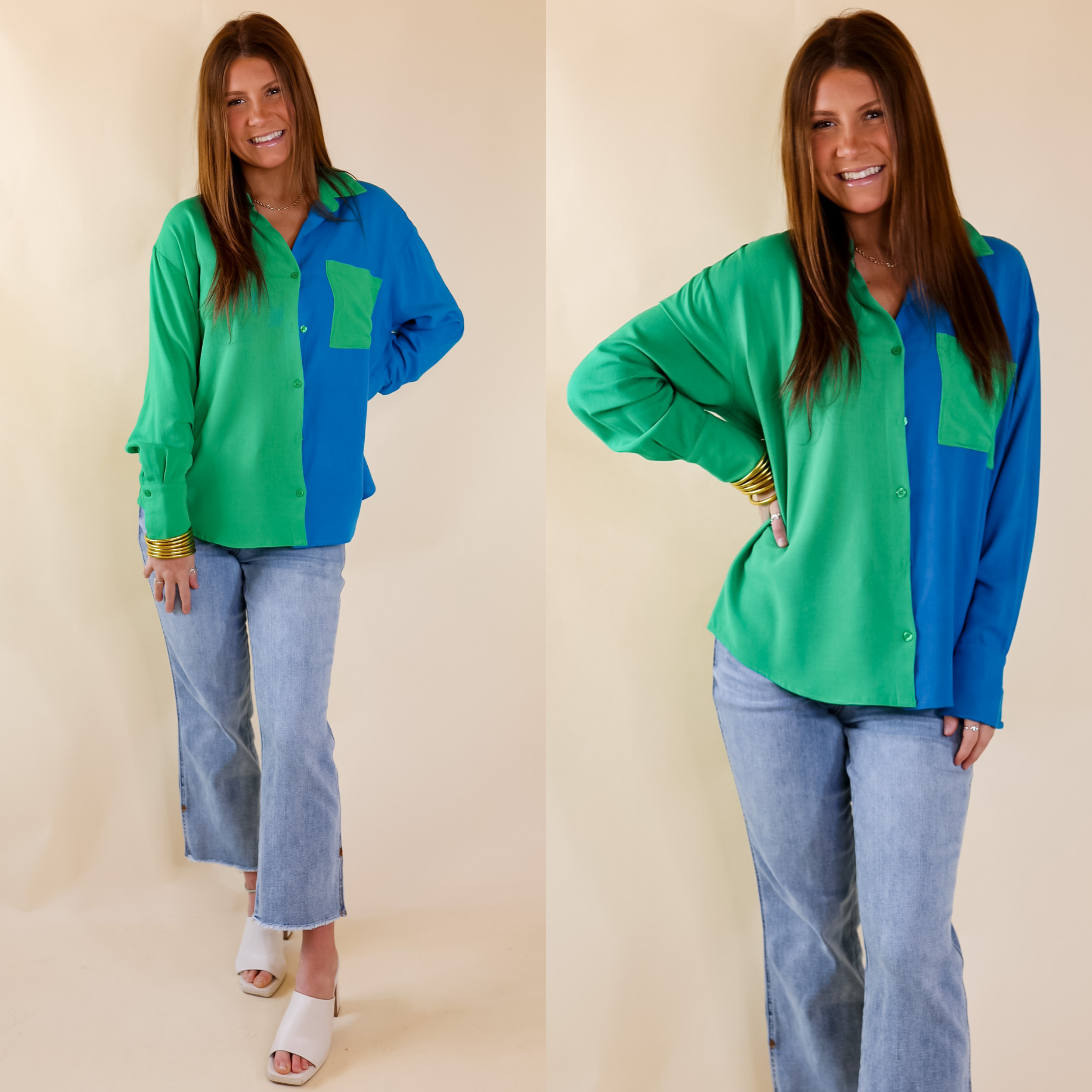 A long sleeve button up shirt with a split dye design. The right half is green and the left is blue with a green pocket. Item is pictured on a pale pink back ground.