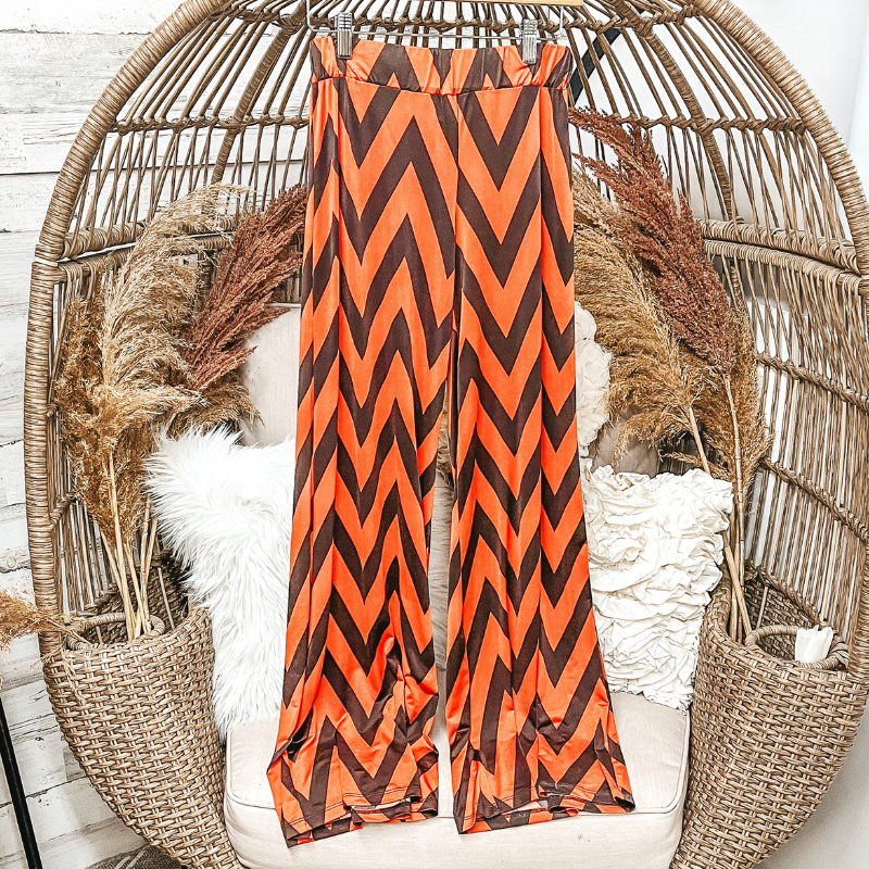 Floor Length Chevron Print Pants in Orange and Black - Giddy Up Glamour Boutique