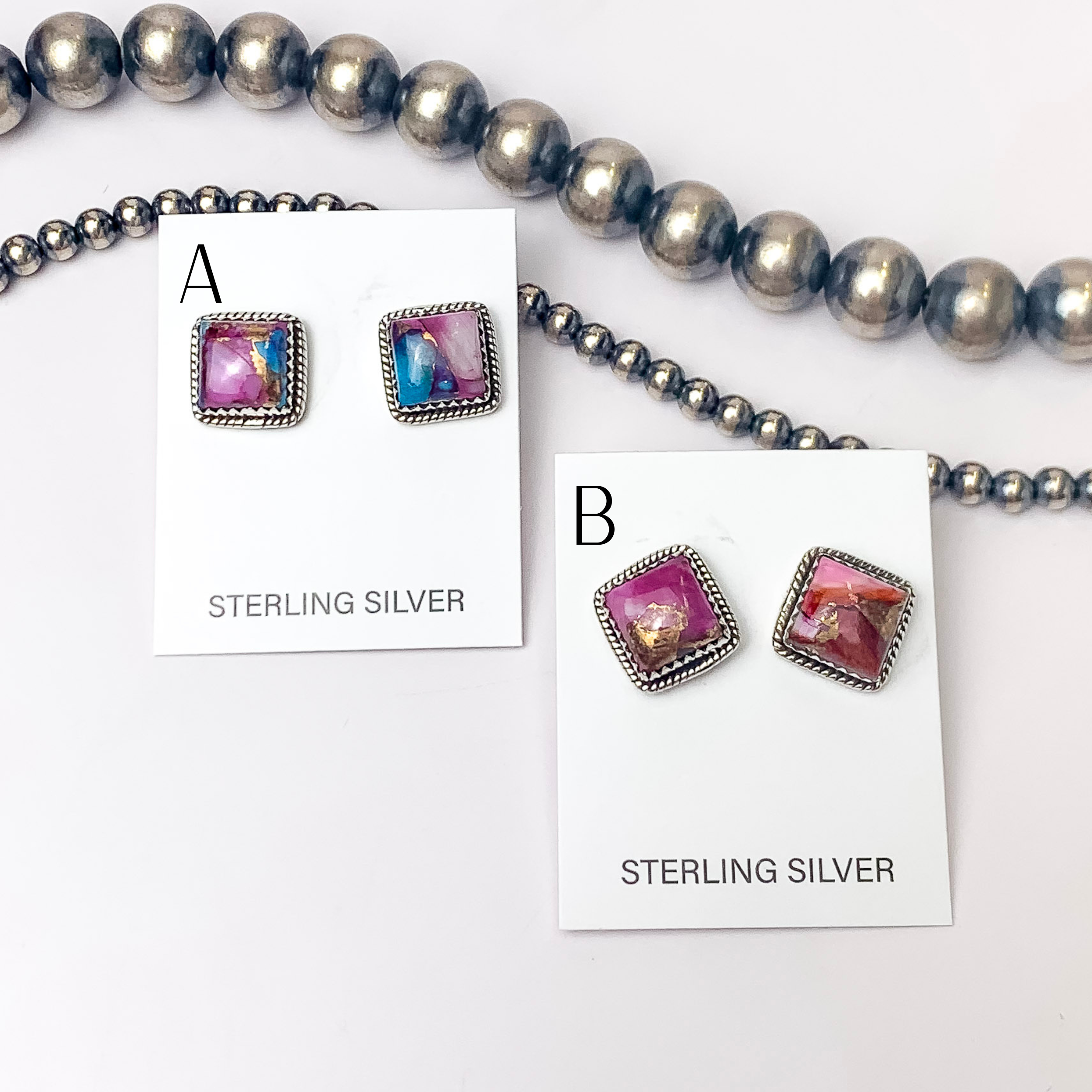 Hada Collection | Handmade Sterling Silver Square Stud Earrings with Purple Dhalia Remix Stones - Giddy Up Glamour Boutique