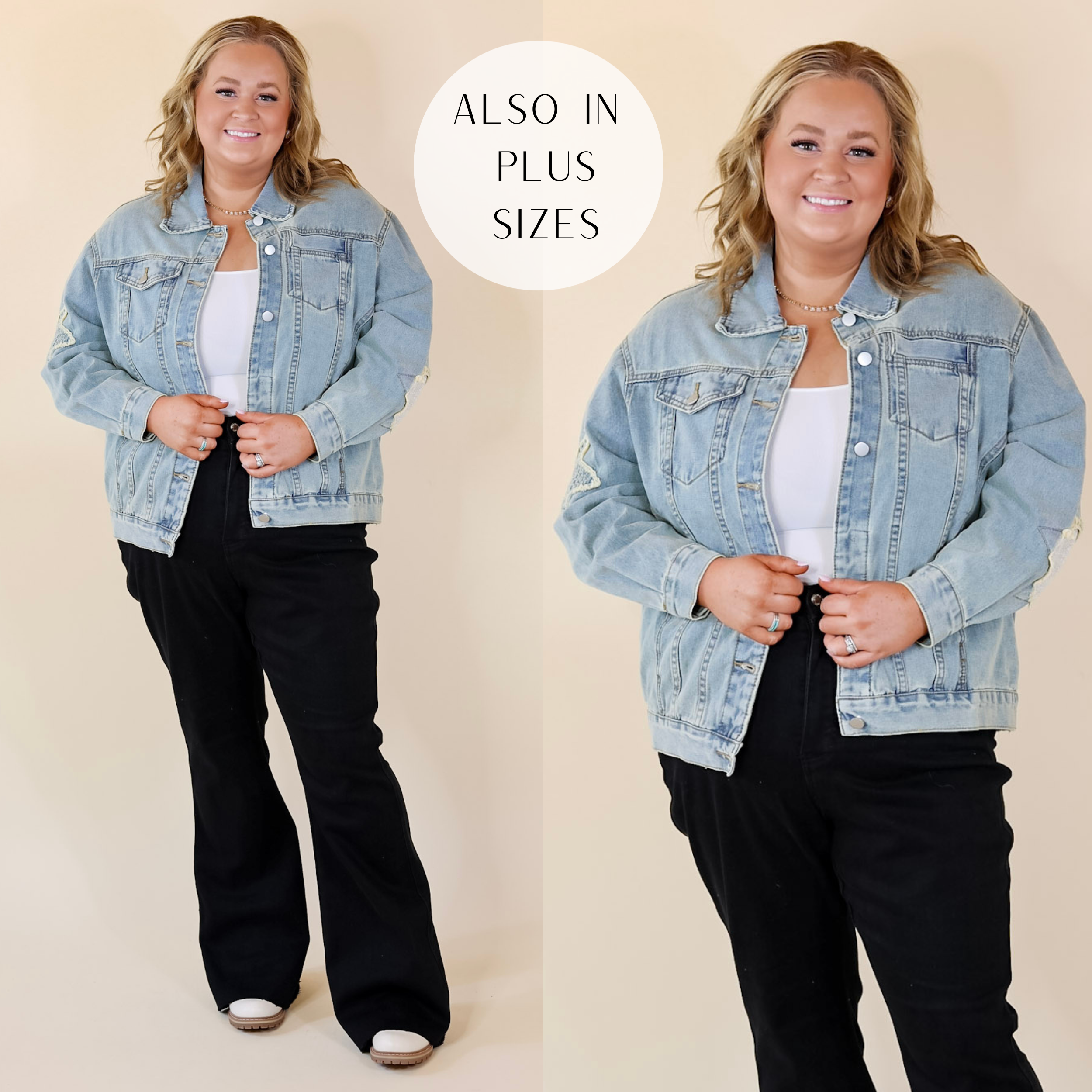 Cosmic Cowgirl Oversized Denim Jacket with Star Patches in Light Wash - Giddy Up Glamour Boutique