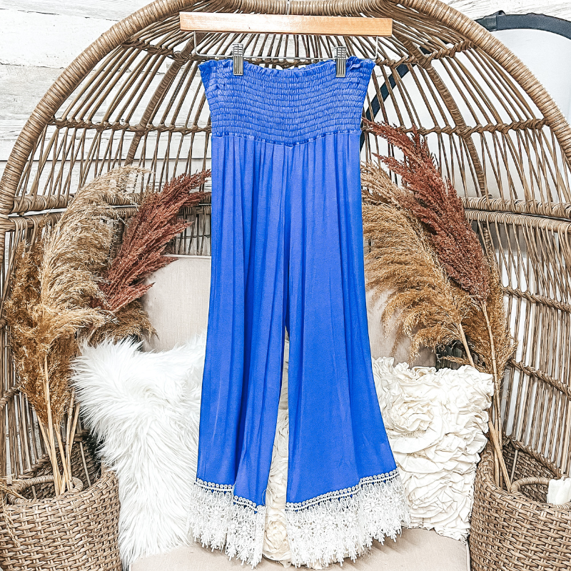 Last Chance Size 2XL & 3XL | Mid Length Pants with Lace Trim in Blue - Giddy Up Glamour Boutique
