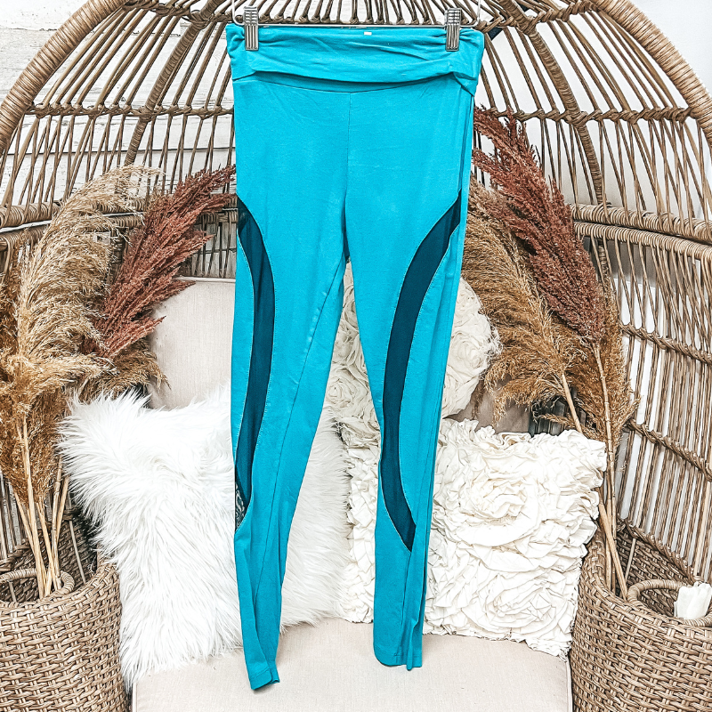 Leggings with Mesh Panels in Turquoise - Giddy Up Glamour Boutique