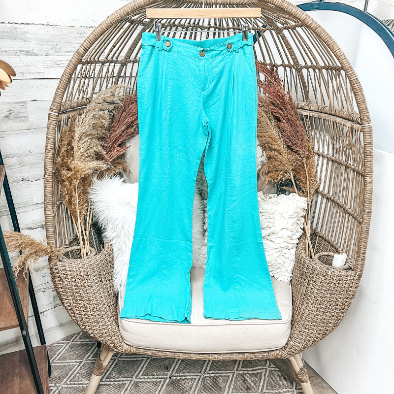 Last Chance Size Small | Button Belt Loop Pants in Turquoise - Giddy Up Glamour Boutique