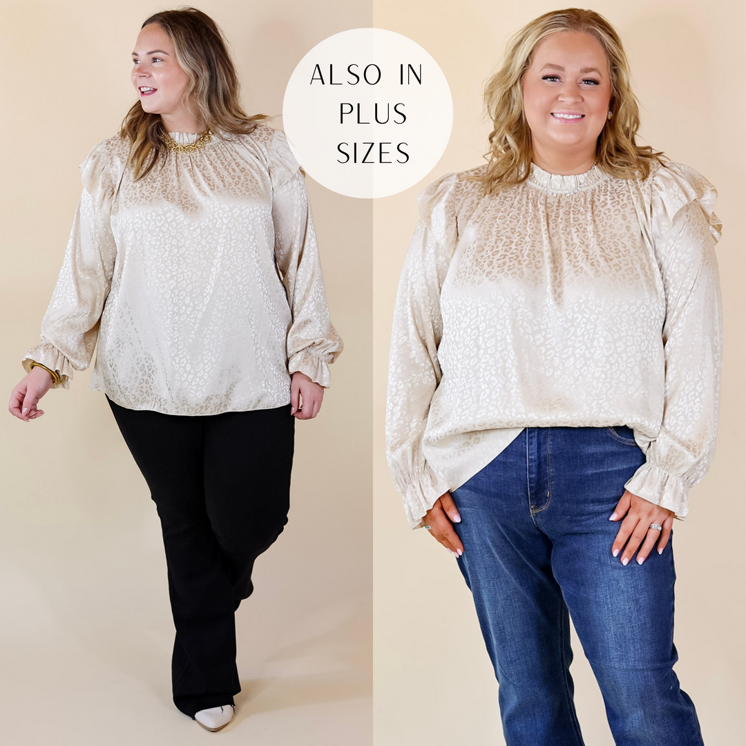 Can't Stop Me Ruffle Mock Neck Long Sleeve Leopard Print Satin Top in Ivory - Giddy Up Glamour Boutique