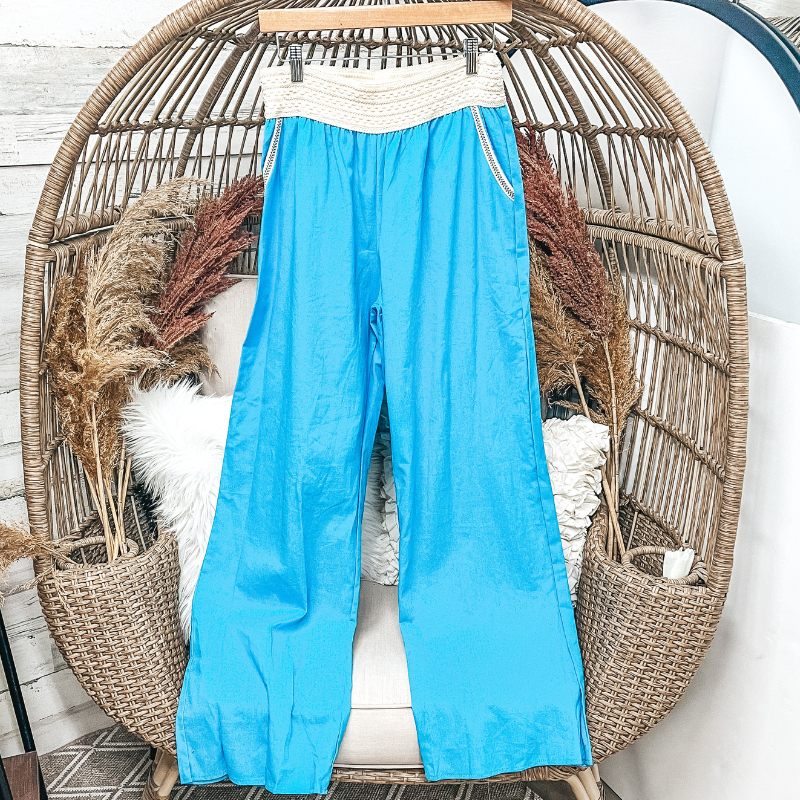 Lace Waistband Pants in Blue - Giddy Up Glamour Boutique