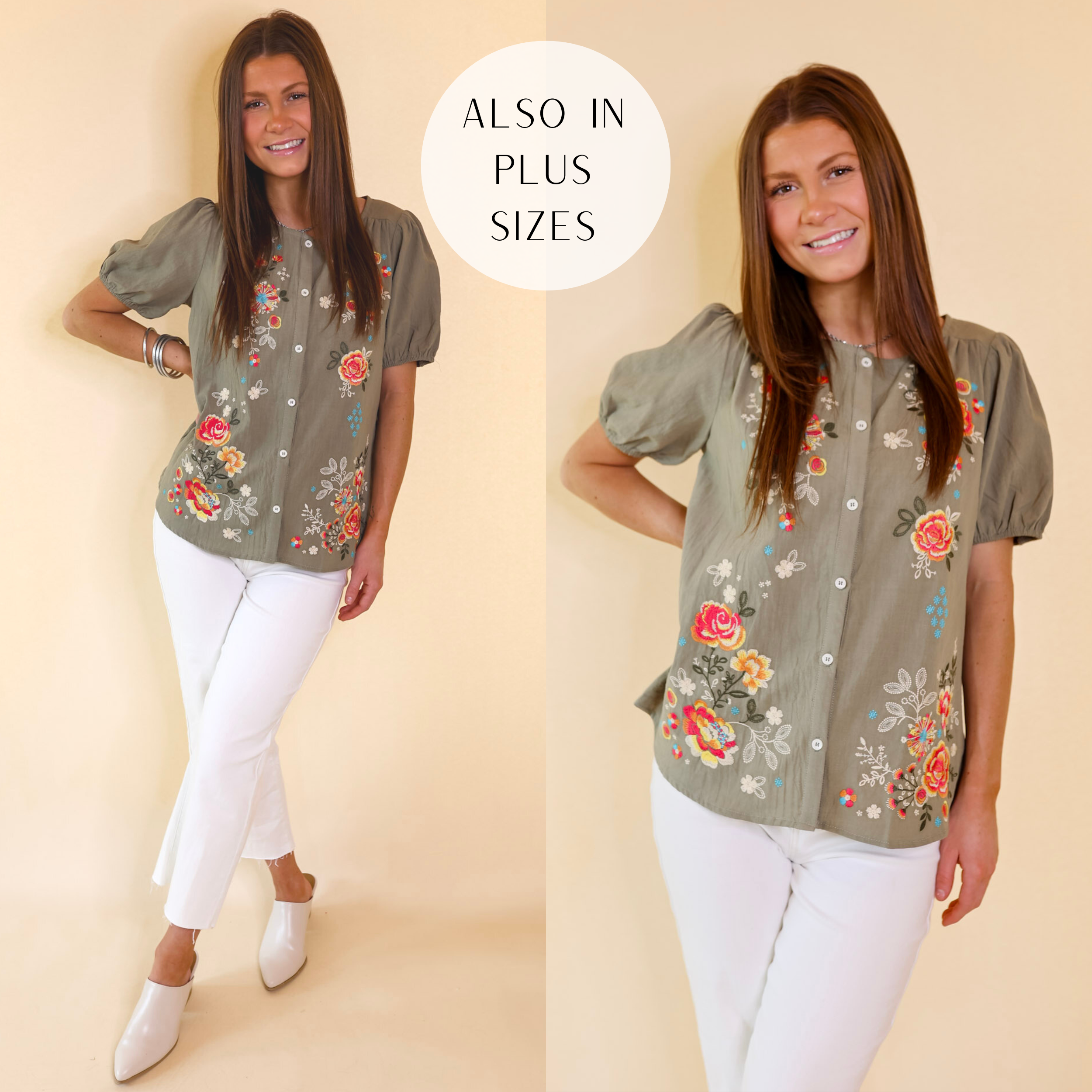 Model is wearing an olive green top with short sleeves and a button up front. This top has floral embroidery on the front. Model has this top paired with white jeans, ivory mules, and silver jewelry.