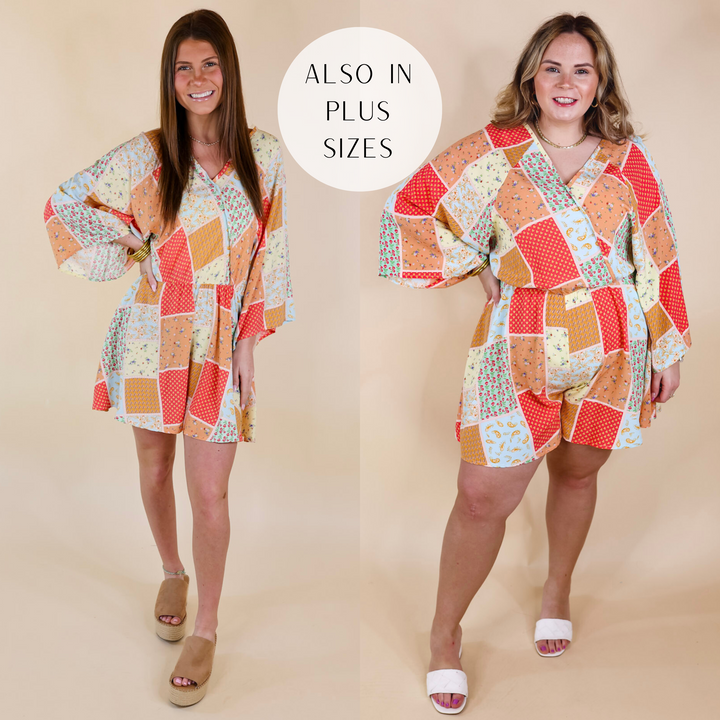 Model is wearing a patch print floral romper with a v neckline, 3/4 sleeves, elastic waist, and a mid-thigh length. Size small model has it paired with tan wedges and gold jewelry. Size large model has it paired with white heels and gold jewelry.