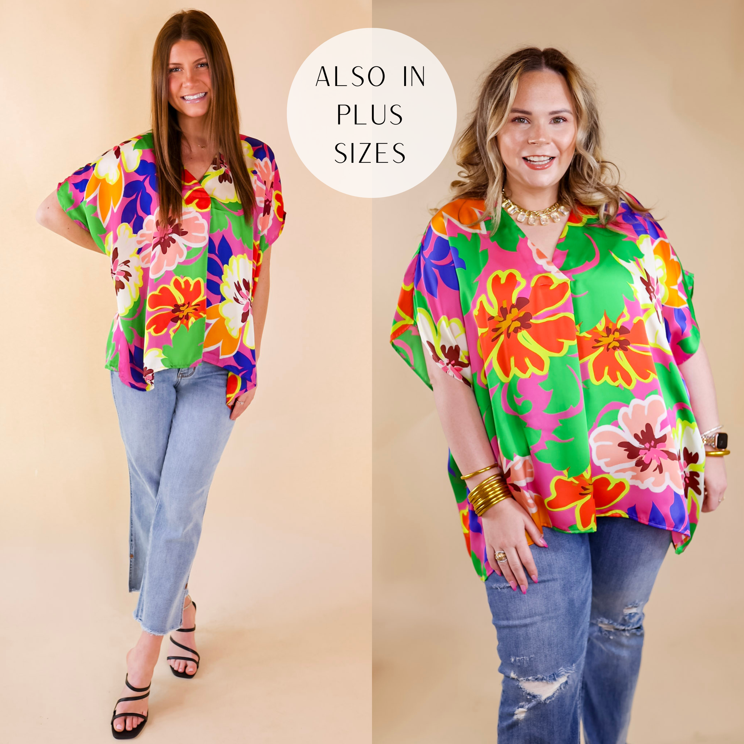 Models are wearing a short sleeve floral top with a v neck and placket. Size small model has this top paired with light wash jeans, black heels, and gold jewelry. Size large model has it paired with gold jewelry and distressed jeans.