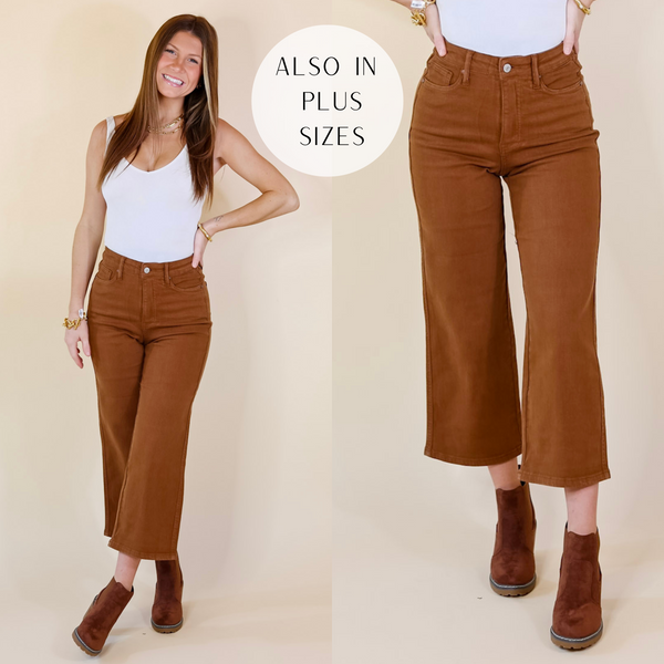 Judy Blue | My Happy Dance Tummy Control Cropped Wide Leg Jeans in Camel Brown