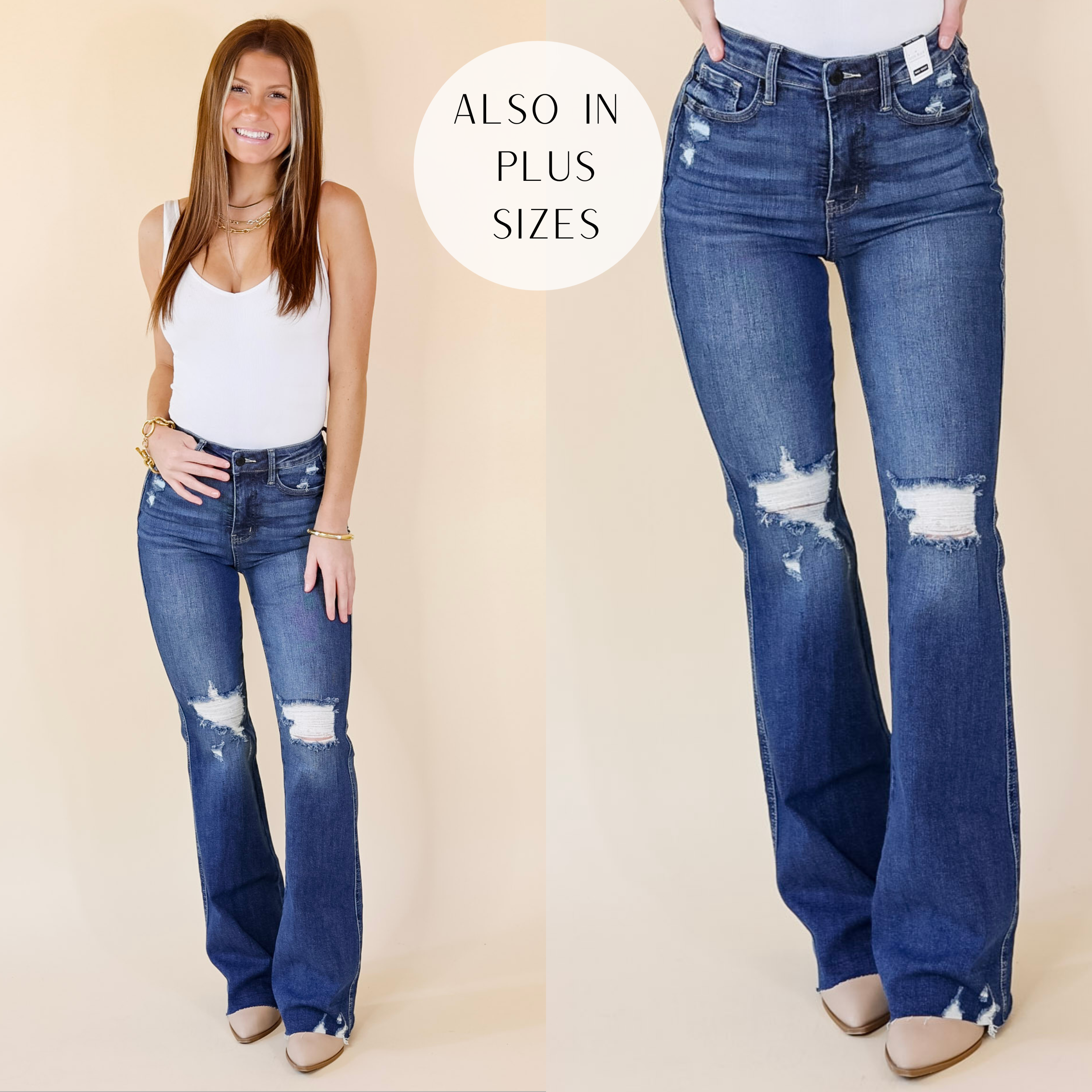 Judy Blue | Ask Me Anything Tummy Control Distressed Flare Jeans in Dark Wash