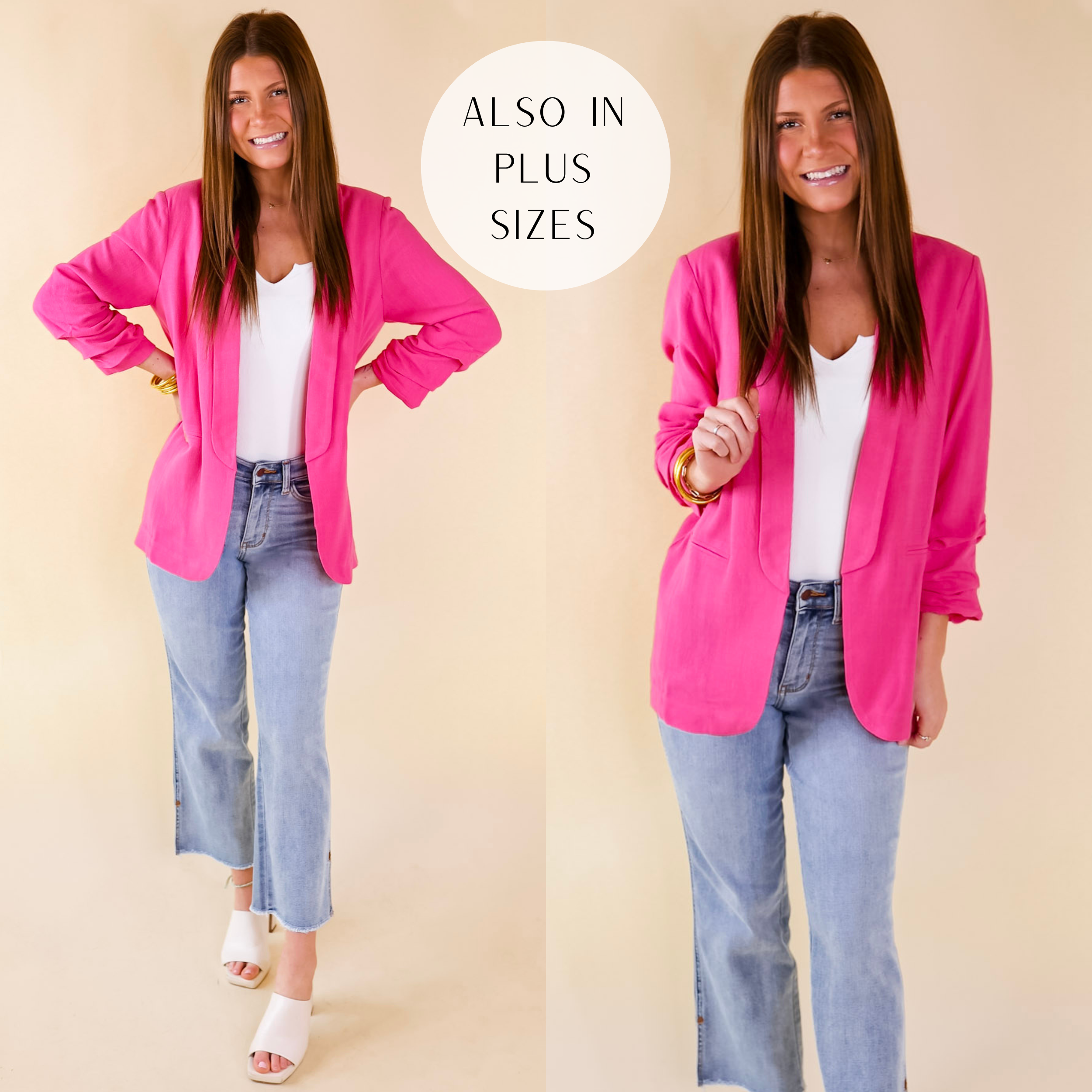 Model is wearing an open front linen blazer with a collared neckline and 3/4 sleeves. Model has this hot pink blazer on over a white tank top, light wash jeans, ivory heels, and gold jewelry.