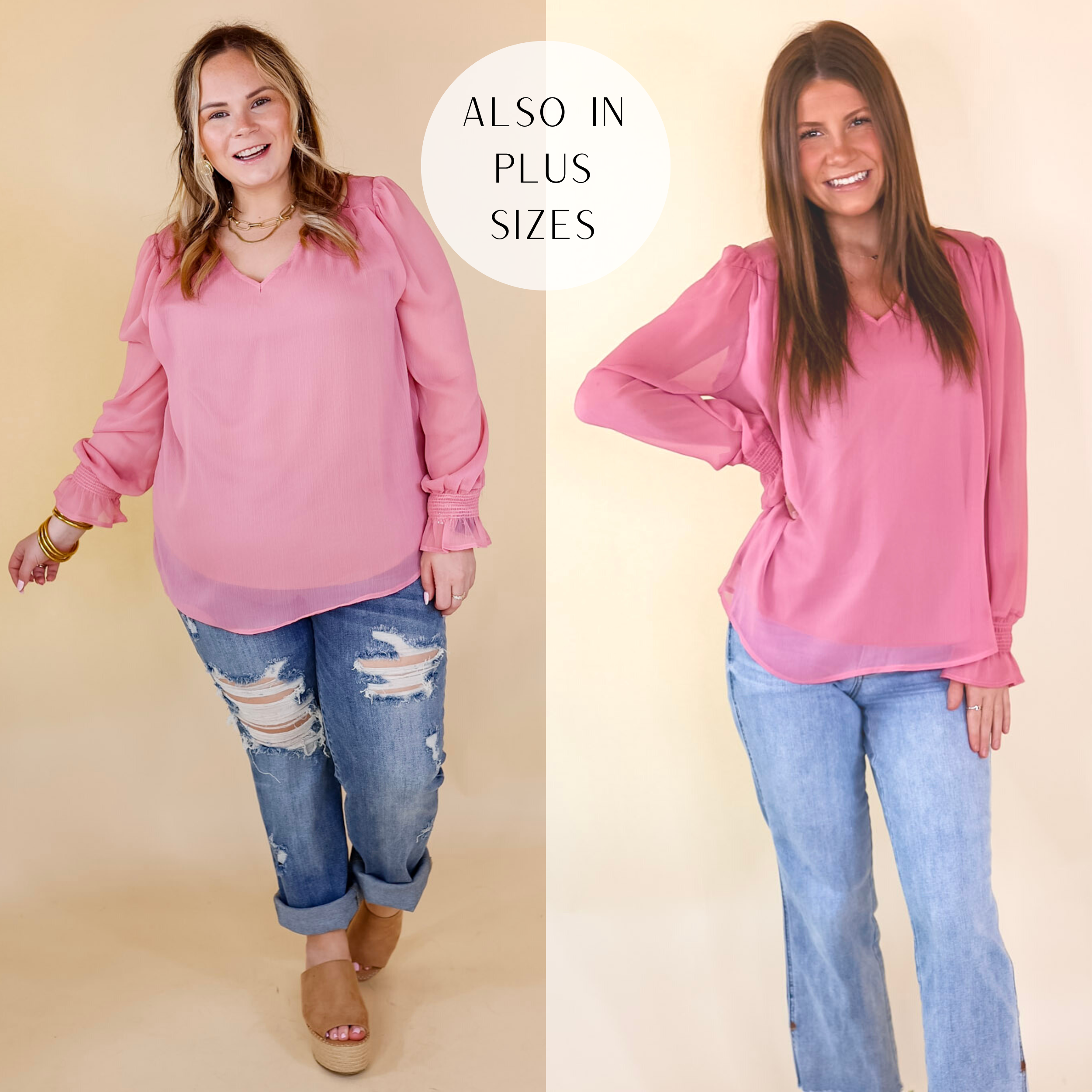 Models are wearing a mauve pink blouse with long sleeves and a v neckline. Size small model has it paired with light wash jeans and gold jewelry. Size large model has it paired with distressed jeans, gold jewelry, and tan wedges.