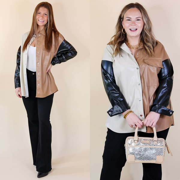 Autumn Event Faux Leather Color Block Shacket in Black Mix