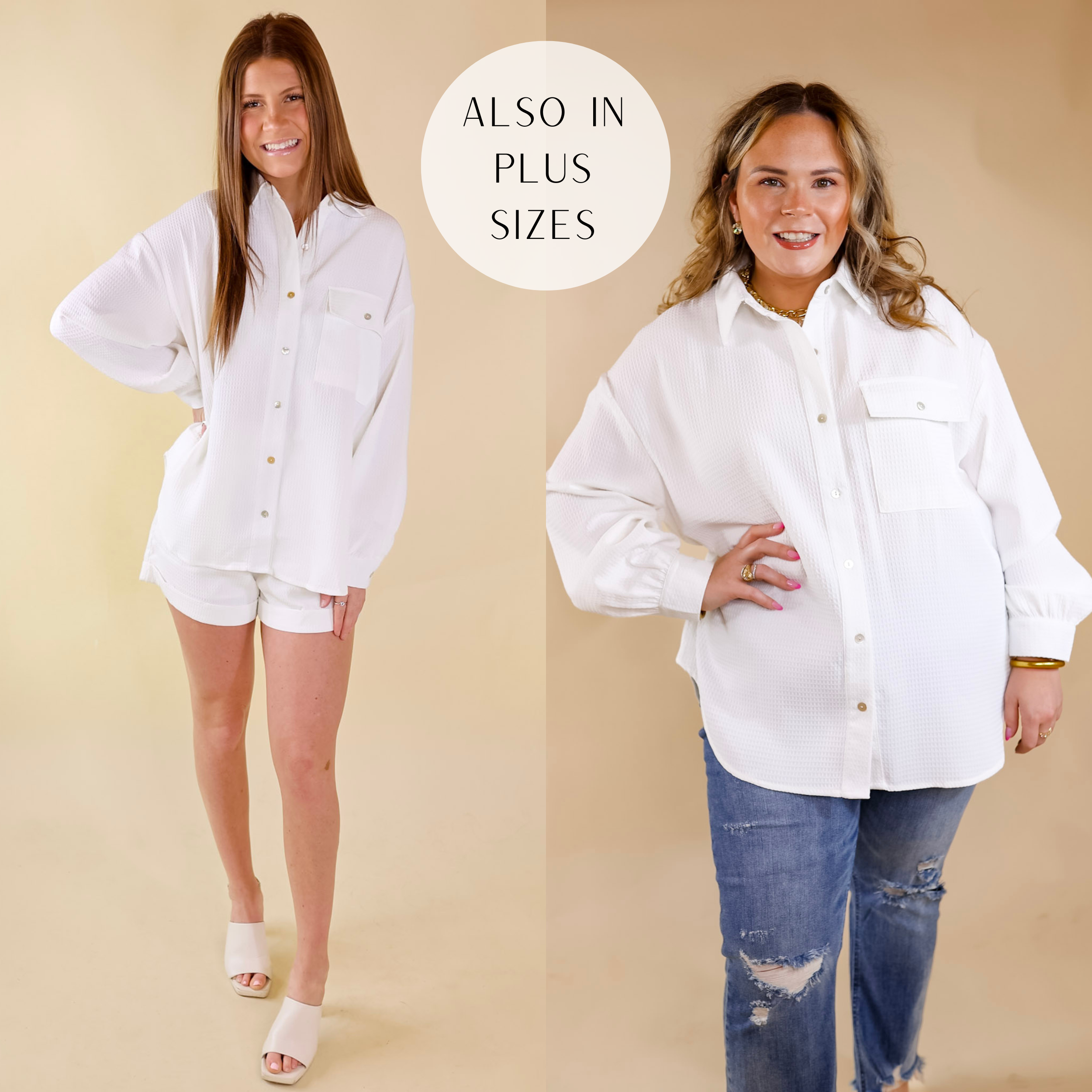 Escaping Ordinary Waffle Weave Button Up Top in Ivory - Giddy Up Glamour Boutique