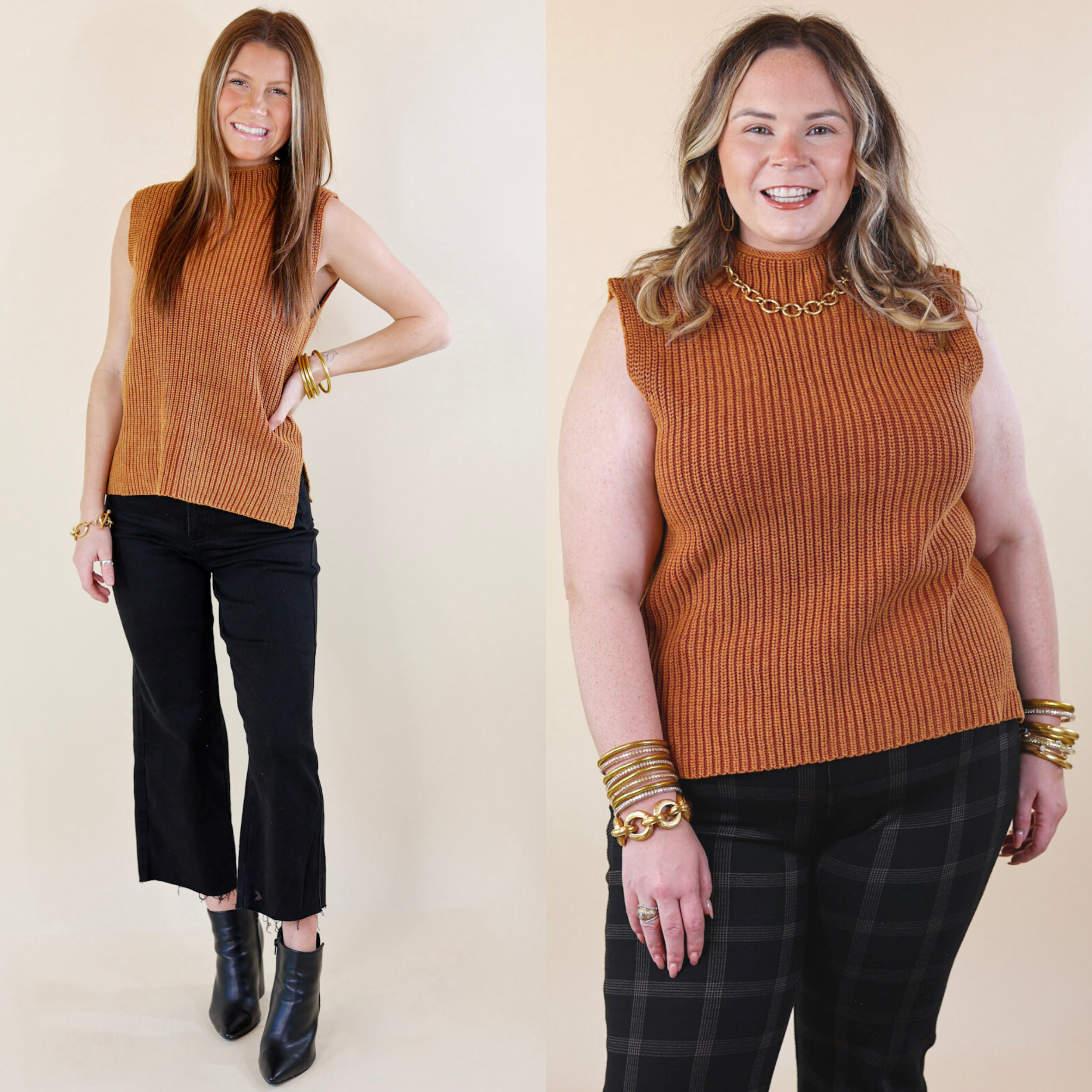 Models are wearing a ribbed turtle neck tank top in camel brown. Size small model has it paired with black cropped jeans, black booties, and gold jewelry. Size large model has it paired with plaid pants and gold jewelry.