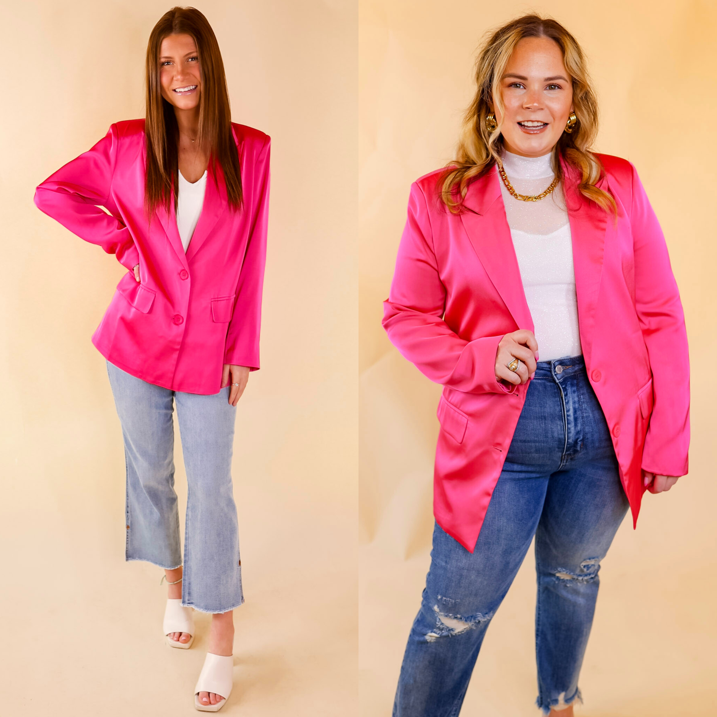Model is wearing a satin button up blazer with long sleeves and faux hip pockets. Model has this blazer on over a white bodysuit with light wash jeans and ivory heels.