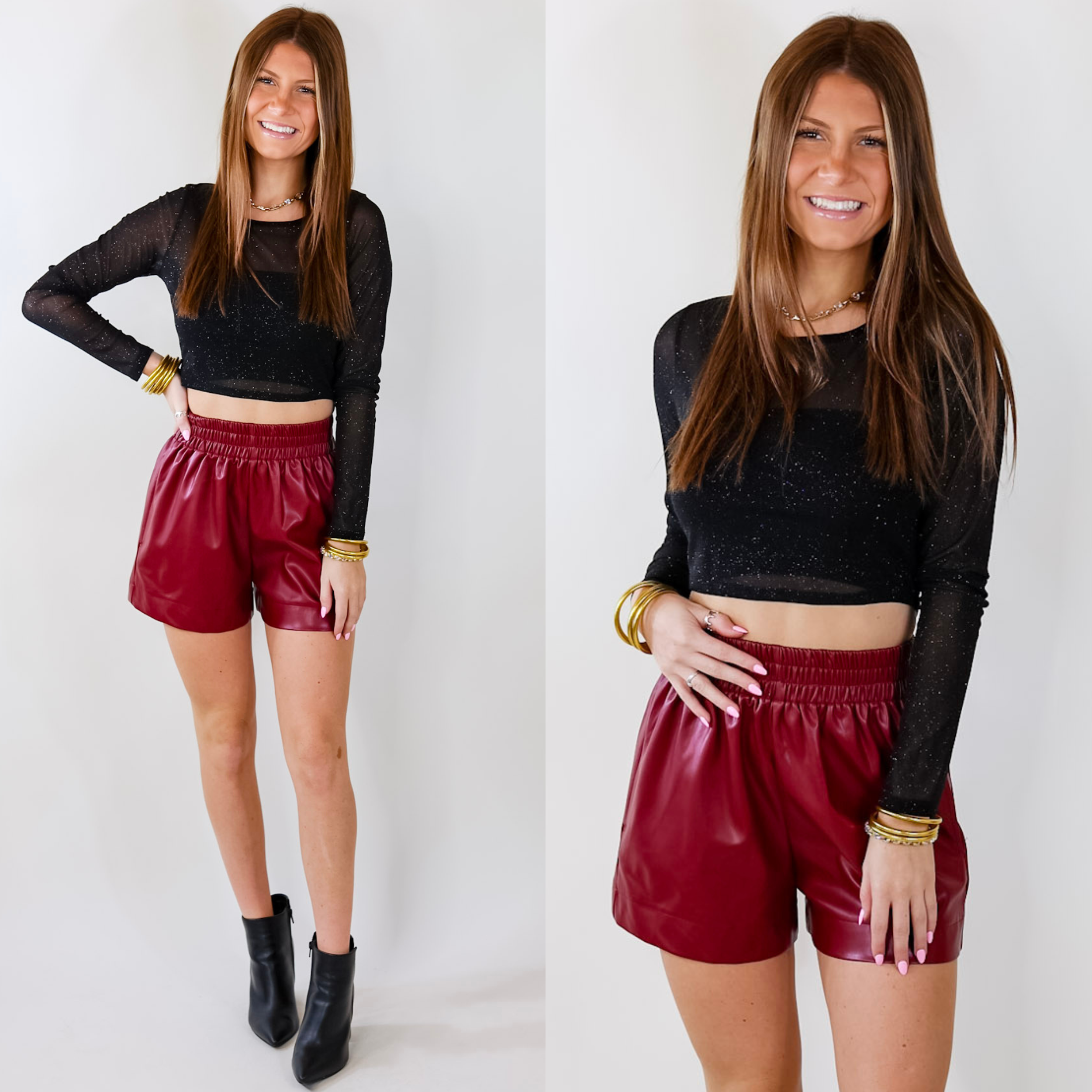 Model is wearing a black long sleeve crop top that is sparkly. Model has it paired with faux leather shorts, black booties, and gold jewelry.