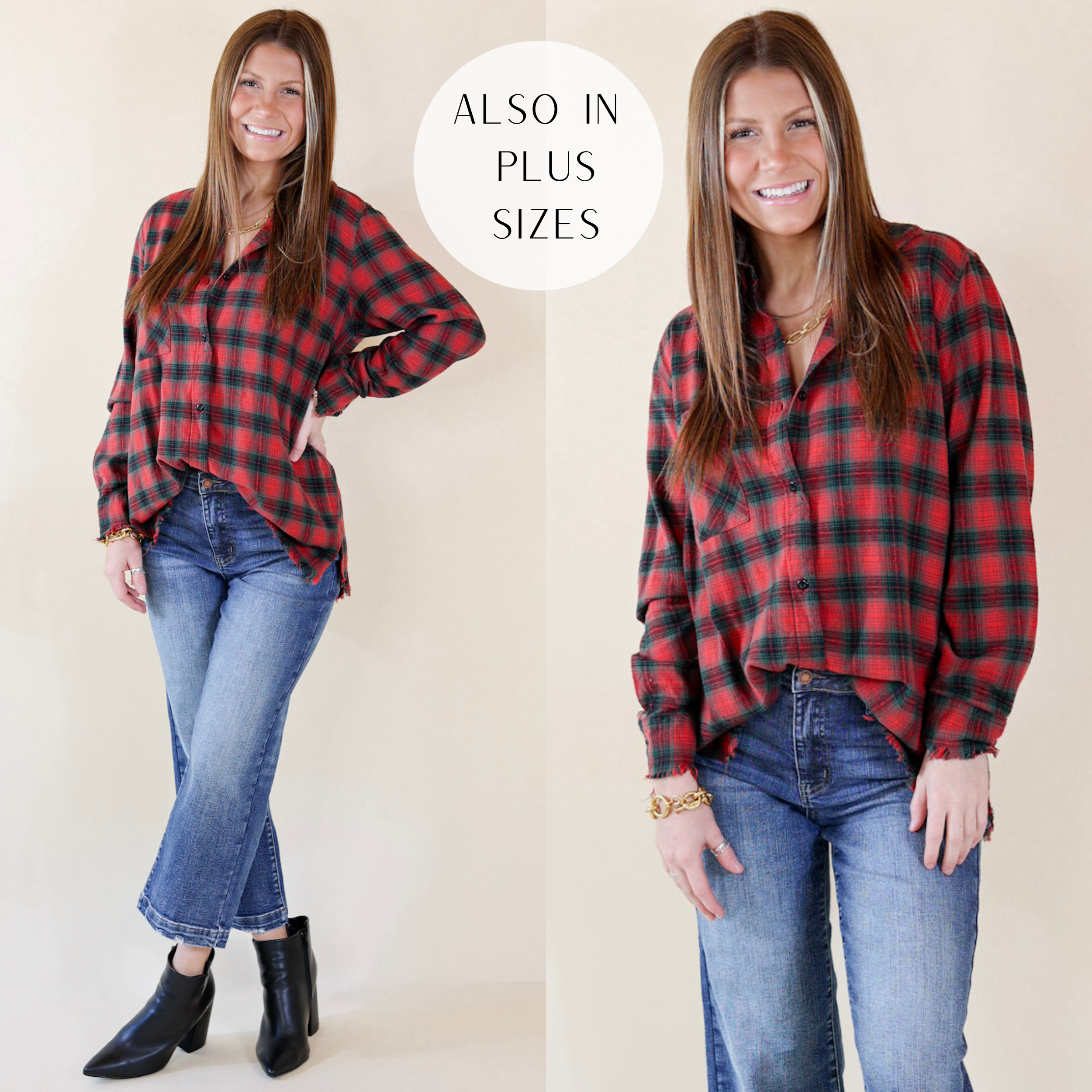 Model is wearing a plaid flannel button up top in red and green. Model has it paired with cropped jeans and black booties.