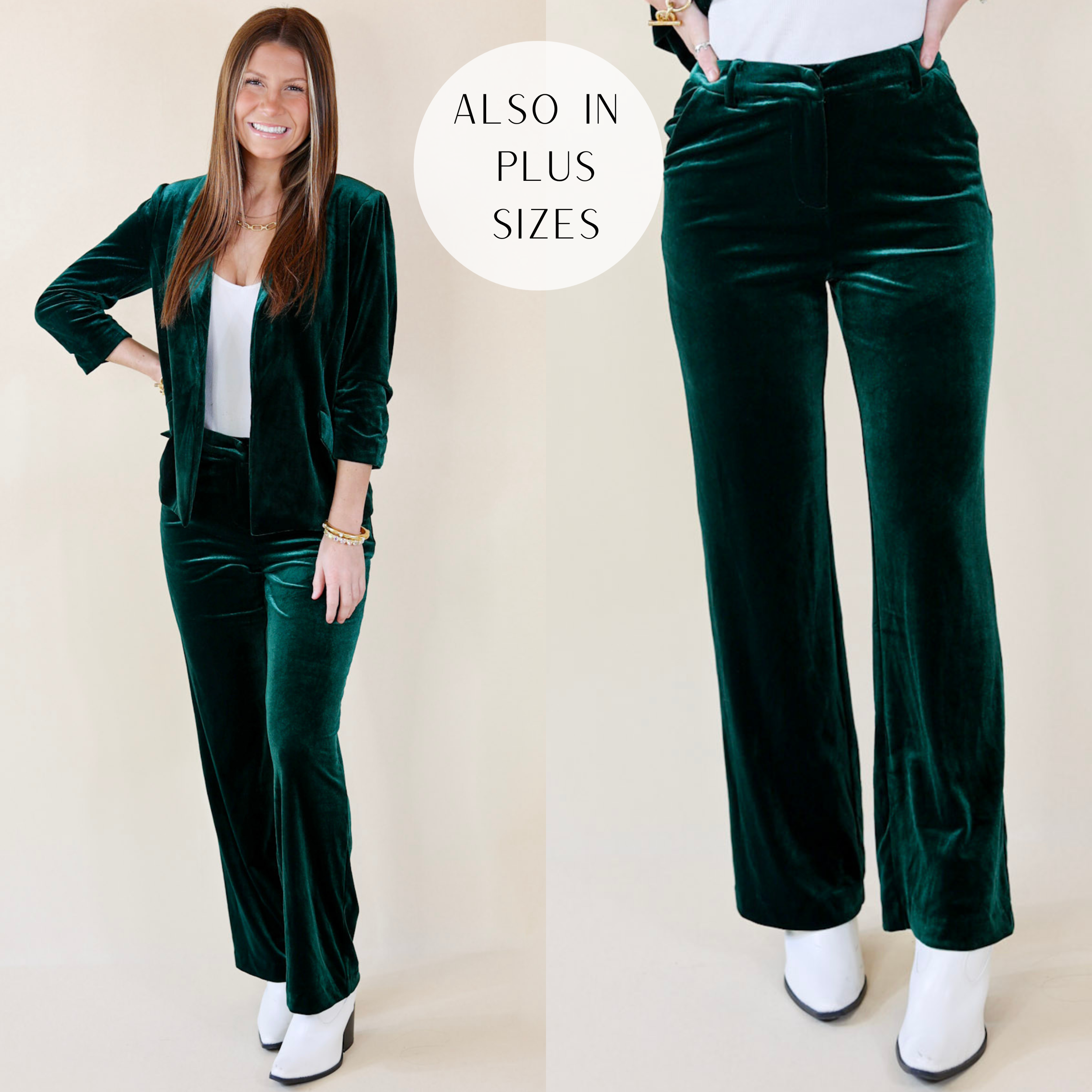 Model is wearing a pair of velvet trouser pants in green. Model has it paired with the matching green blazer, ivory booties, and gold jewelry.