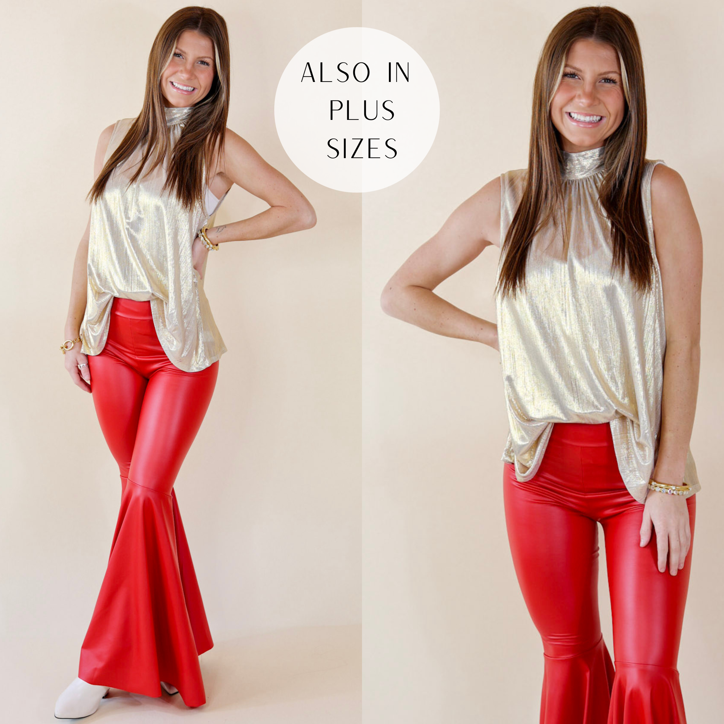Model is wearing a gold metallic top with a mock neck. Model has it paired with red faux leather pants, white booties, and gold jewelry.