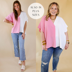 Models are wearing a v neck top with short sleeves that is half pink and half white. Size small model has it paired with light wash jeans, ivory heels, and gold jewelry. Size large model has it paired with distressed jeans and gold jewelry.