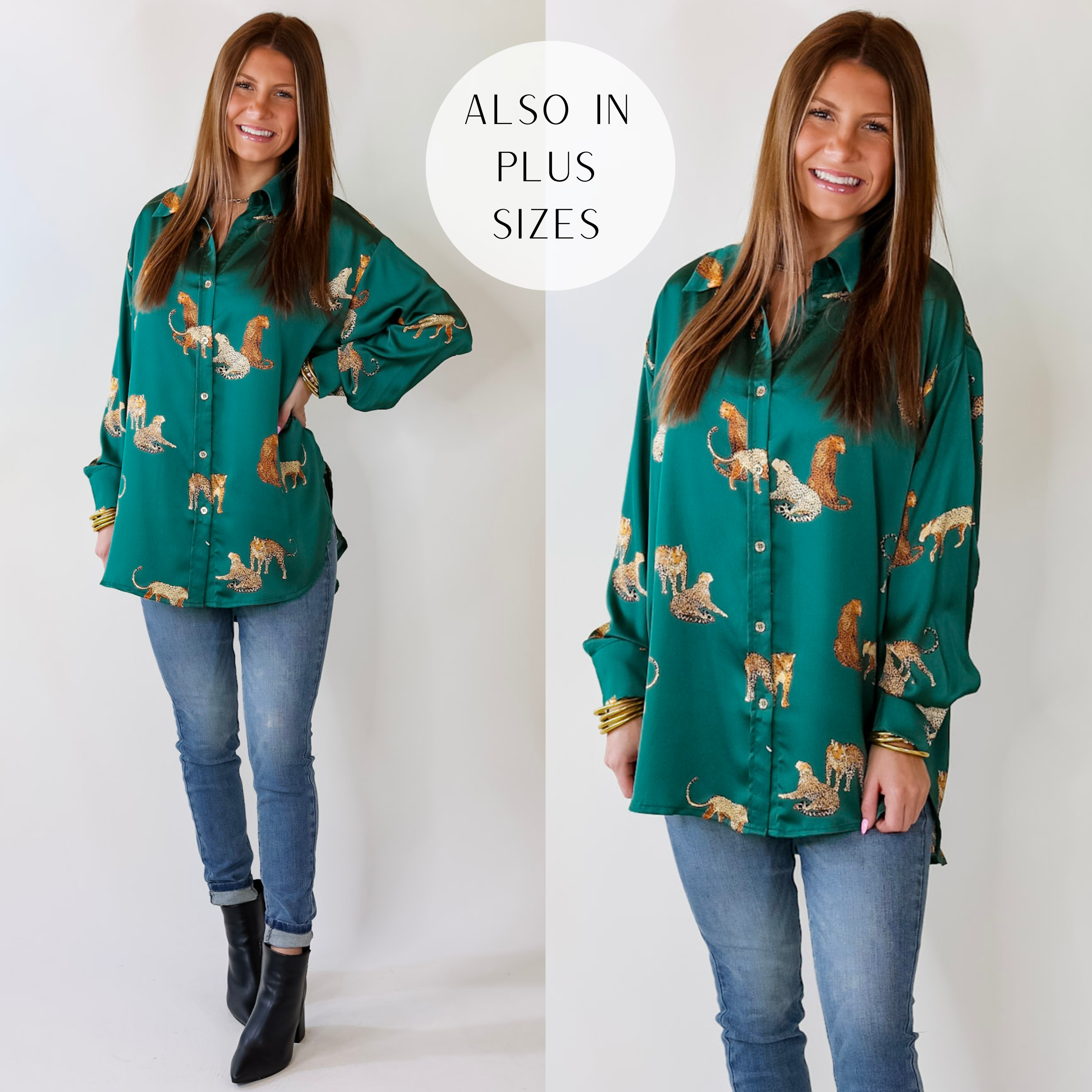 Tell Me Something Good Cheetah Print Long Sleeve Button Up Top in Hunter Green