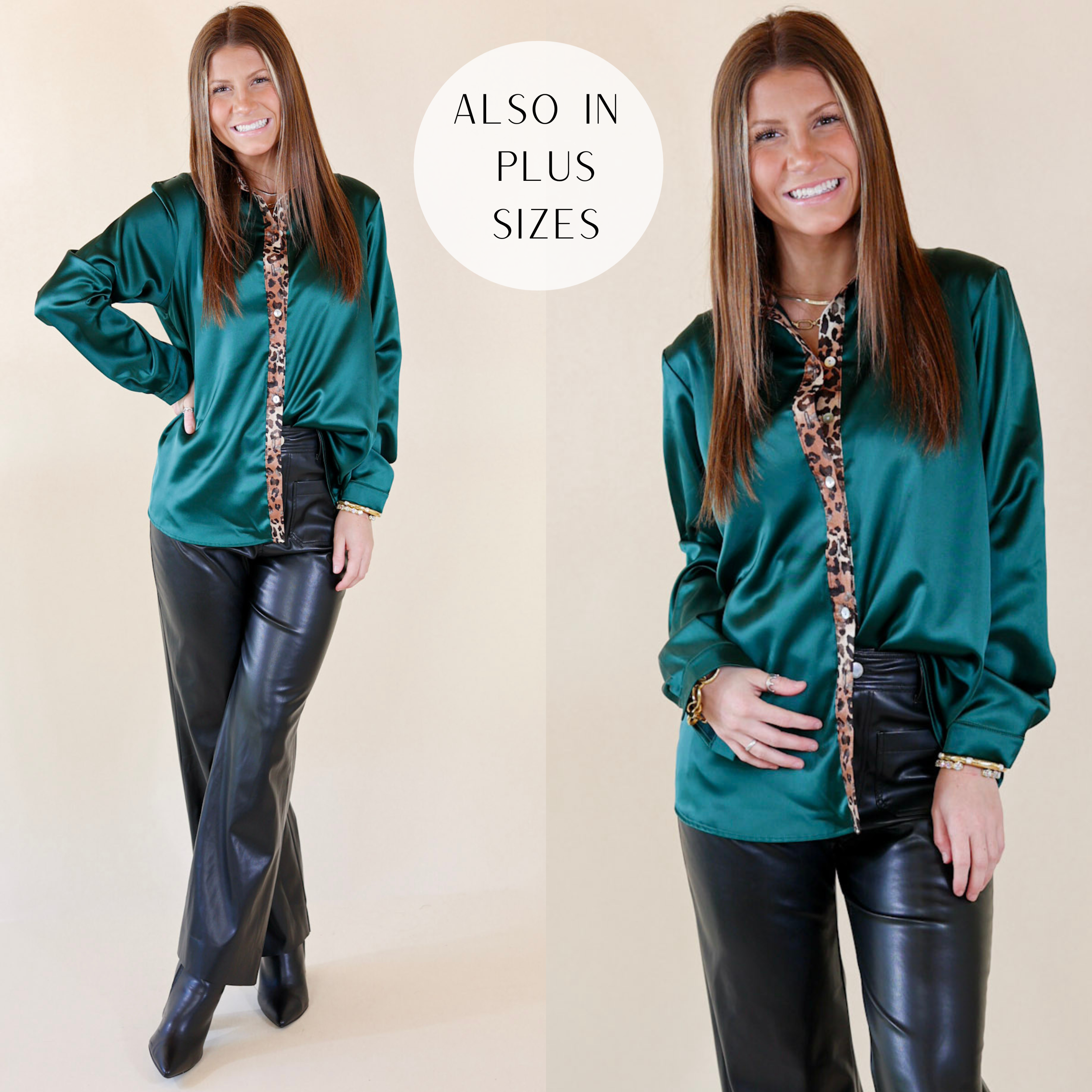 Model is wearing a dark green satin button up top with leopard trim. Model has it paired with faux leather pants, black booties, and gold jewelry.