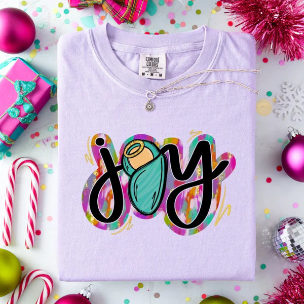 Purple t-shirt with 'JOY' design surrounded by Christmas decorations on a colorful background