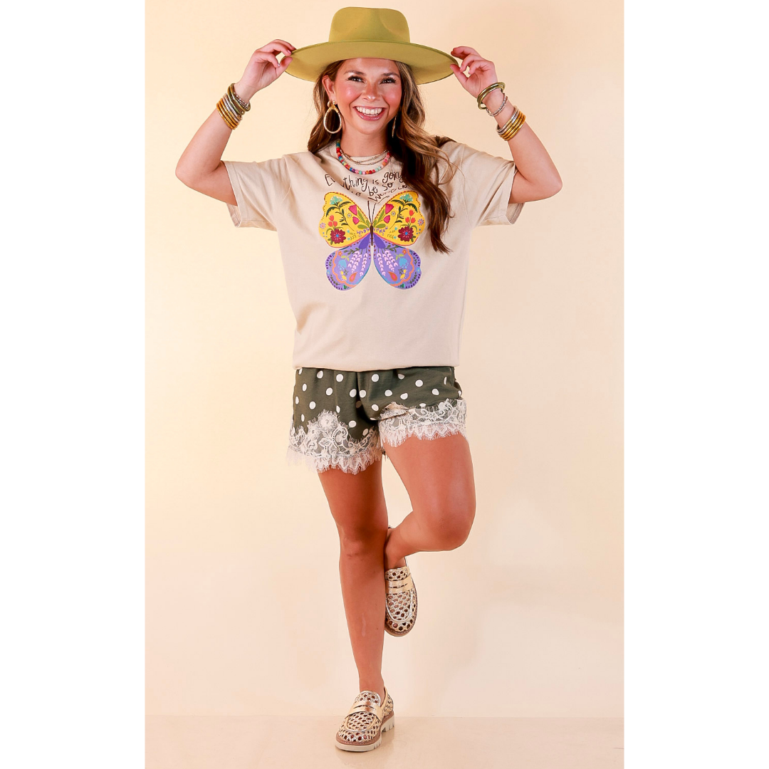 Joy in the Journey "Everything is Going to be Wonderful" Butterfly and Floral Print Short Sleeve Graphic Tee in Cream