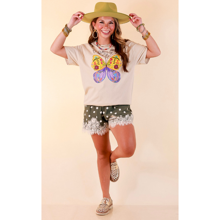 Joy in the Journey "Everything is Going to be Wonderful" Butterfly and Floral Print Short Sleeve Graphic Tee in Cream