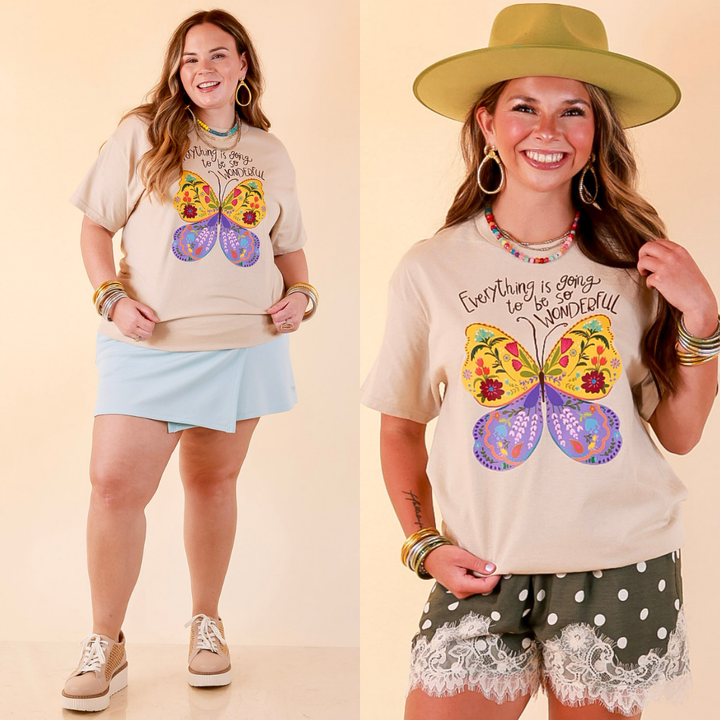 Joy in the Journey "Everything is Going to be Wonderful" Butterfly and Floral Print Short Sleeve Graphic Tee in Cream