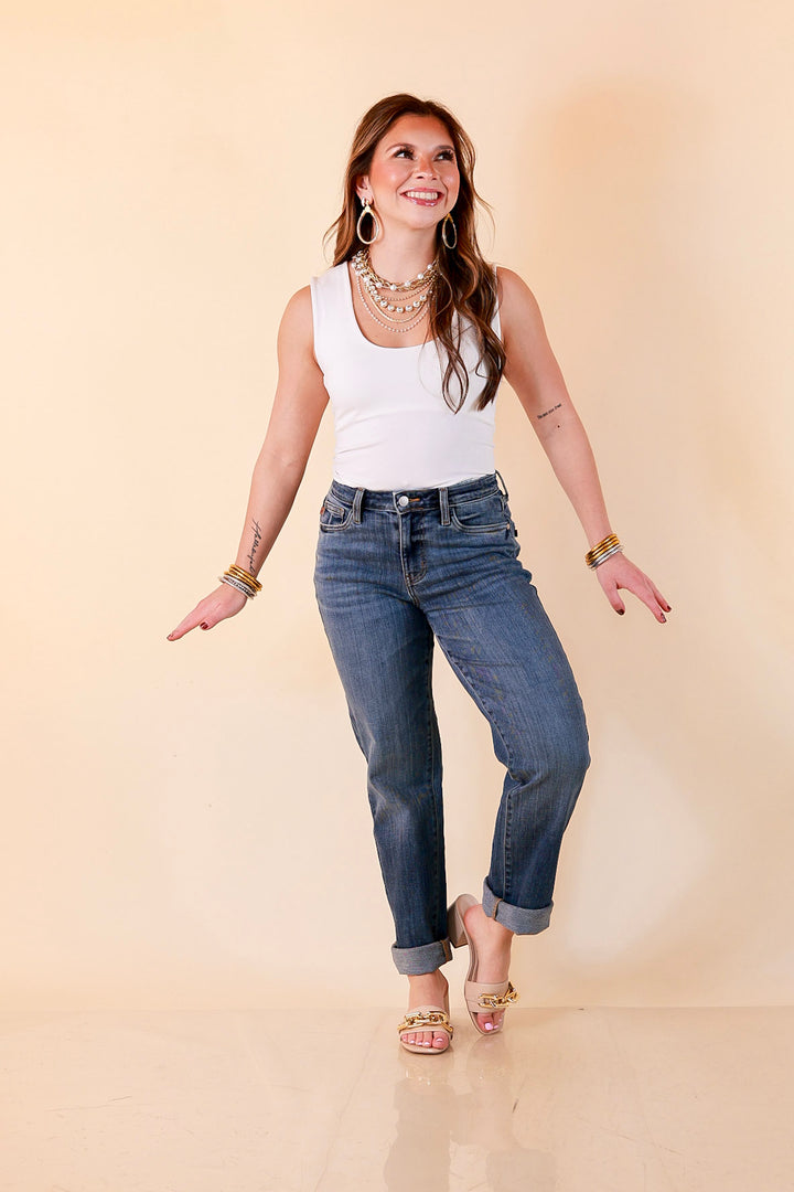 Judy Blue Roll With It Cuffed Boyfriend Jeans in Medium Wash