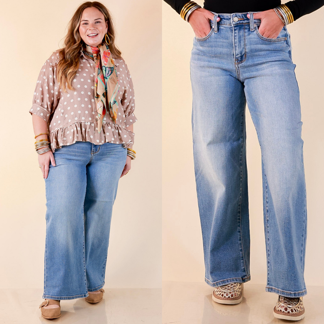 Judy Blue | Blue Skies Ahead Ankle Length Cropped Wide Leg Claudia Denim Jeans in Medium Blue Wash