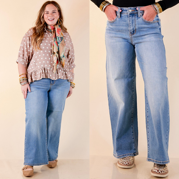 Judy Blue | Blue Skies Ahead Ankle Length Cropped Wide Leg Claudia Denim Jeans in Medium Blue Wash