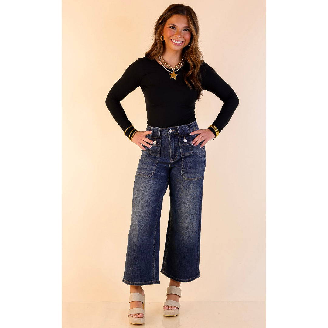 Judy Blue | Chic on the Move Cropped Wide Leg Utility with Front Patch Pocket Jean in Dark Wash