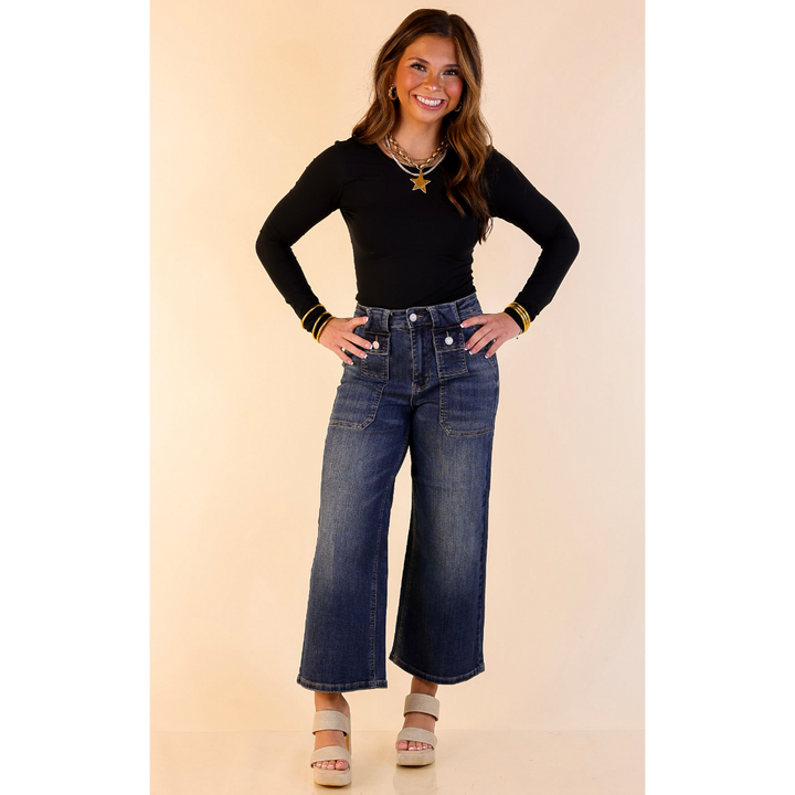 Judy Blue | Chic on the Move Cropped Wide Leg Utility with Front Patch Pocket Jean in Dark Wash