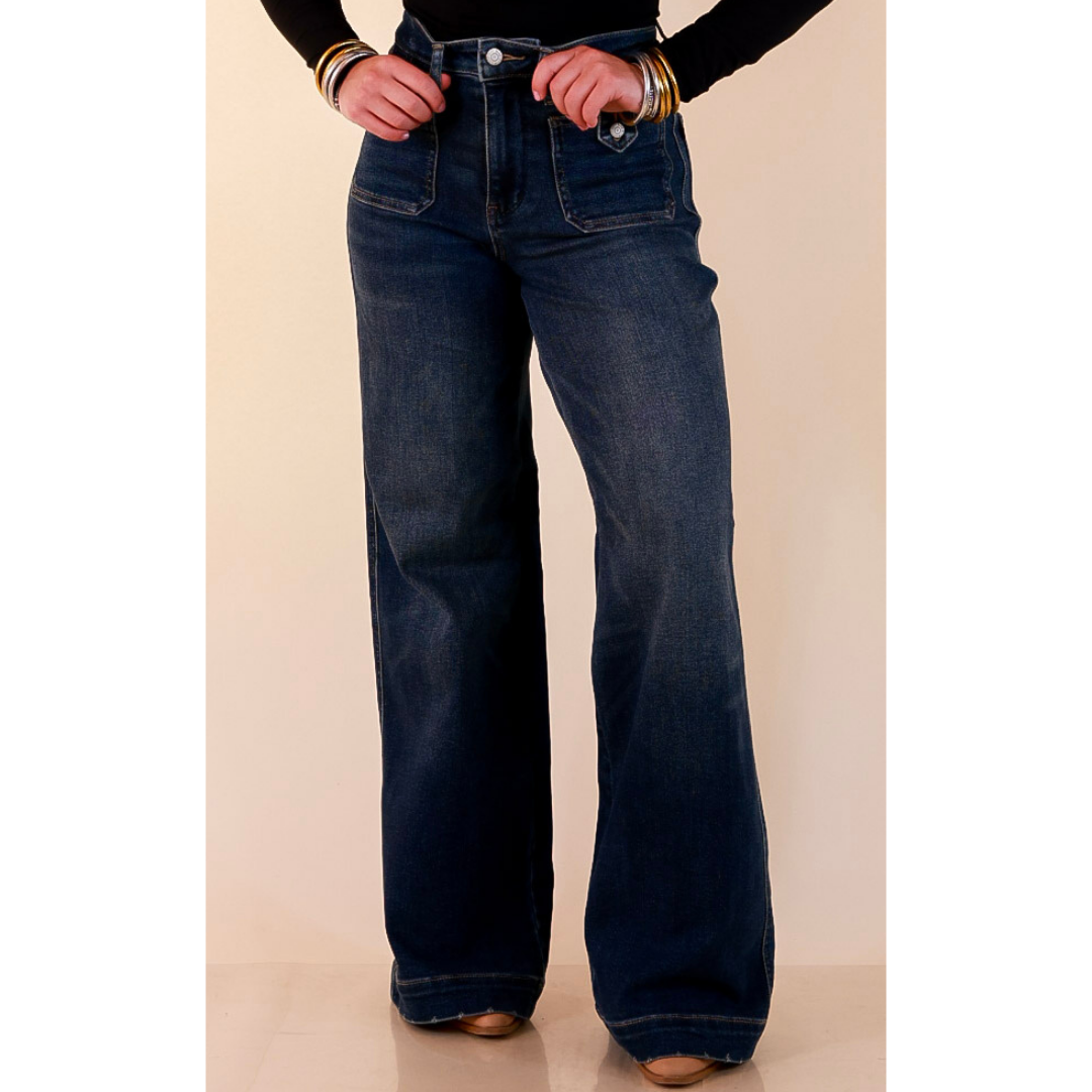 Judy Blue | Classic Companion Luxe Retro Wide Leg Jeans with Front Patch Pockets in Dark Indigo Wash