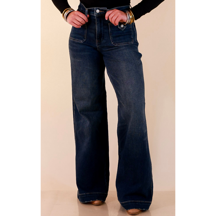 Judy Blue | Classic Companion Luxe Retro Wide Leg Jeans with Front Patch Pockets in Dark Indigo Wash