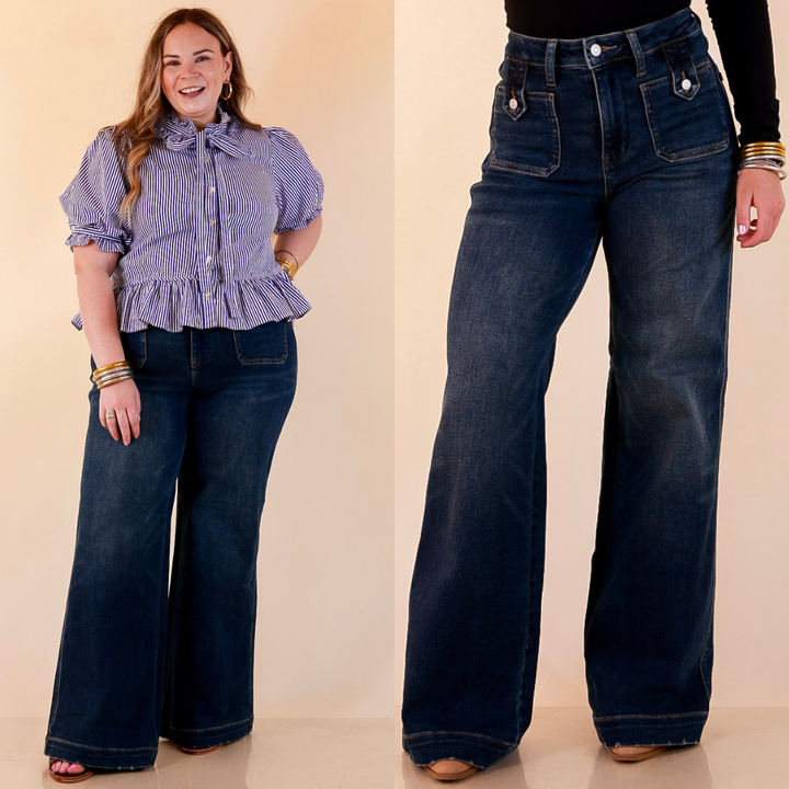 Judy Blue | Classic Companion Luxe Retro Wide Leg Jeans with Front Patch Pockets in Dark Indigo Wash