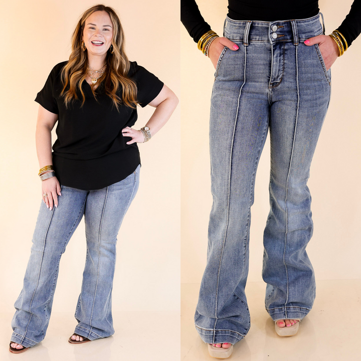 Elevate your denim with these Judy Blue trouser flare jeans. With a double-button top, front seam detailing, and a flattering flare fit. Sizes 0 Through 24W.