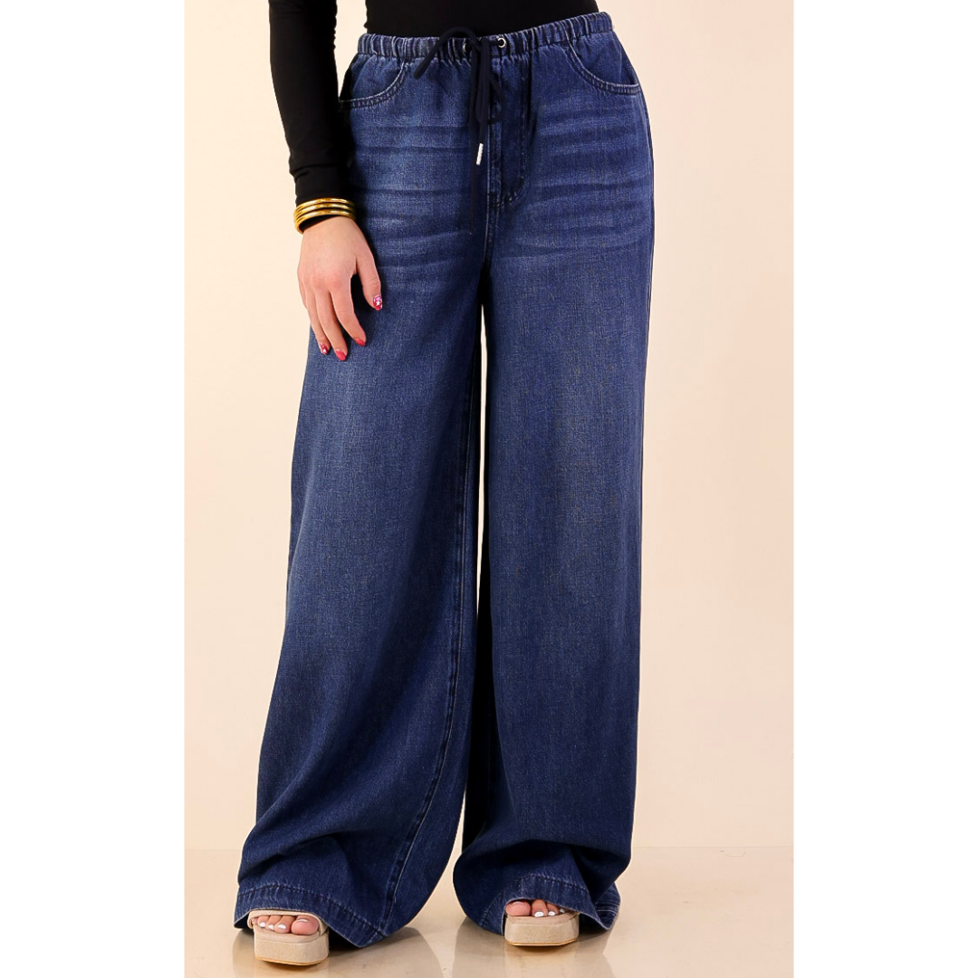 Judy Blue | Easy Like That Wide Leg Palazzo Featherweight Elastic Waistband Jeans in Dark Wash