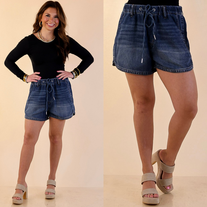 Judy Blue | Easy Living Featherweight Boxer Drawstring Denim Shorts in Dark Wash