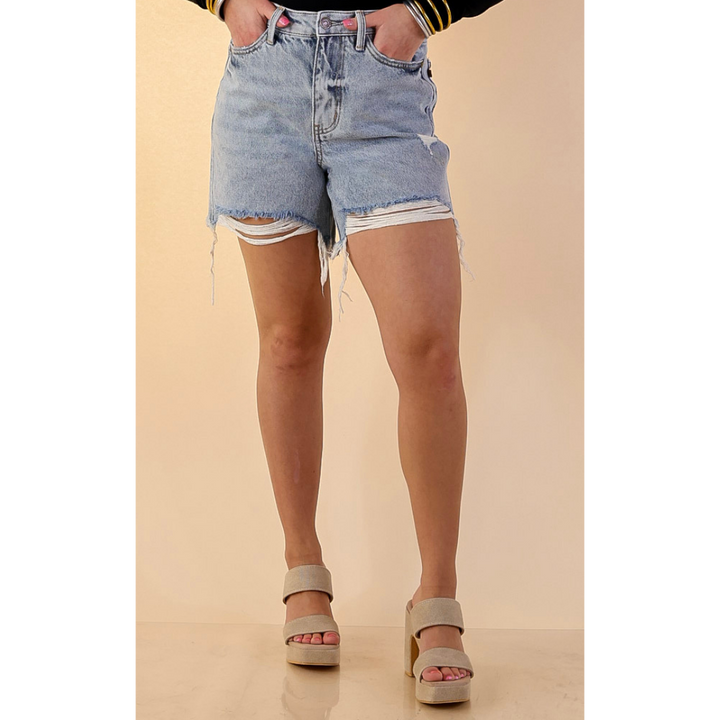Judy Blue | Effortless Edge Rigid Magic Distressed Frayed Hem Denim Dad Shorts in Light Wash