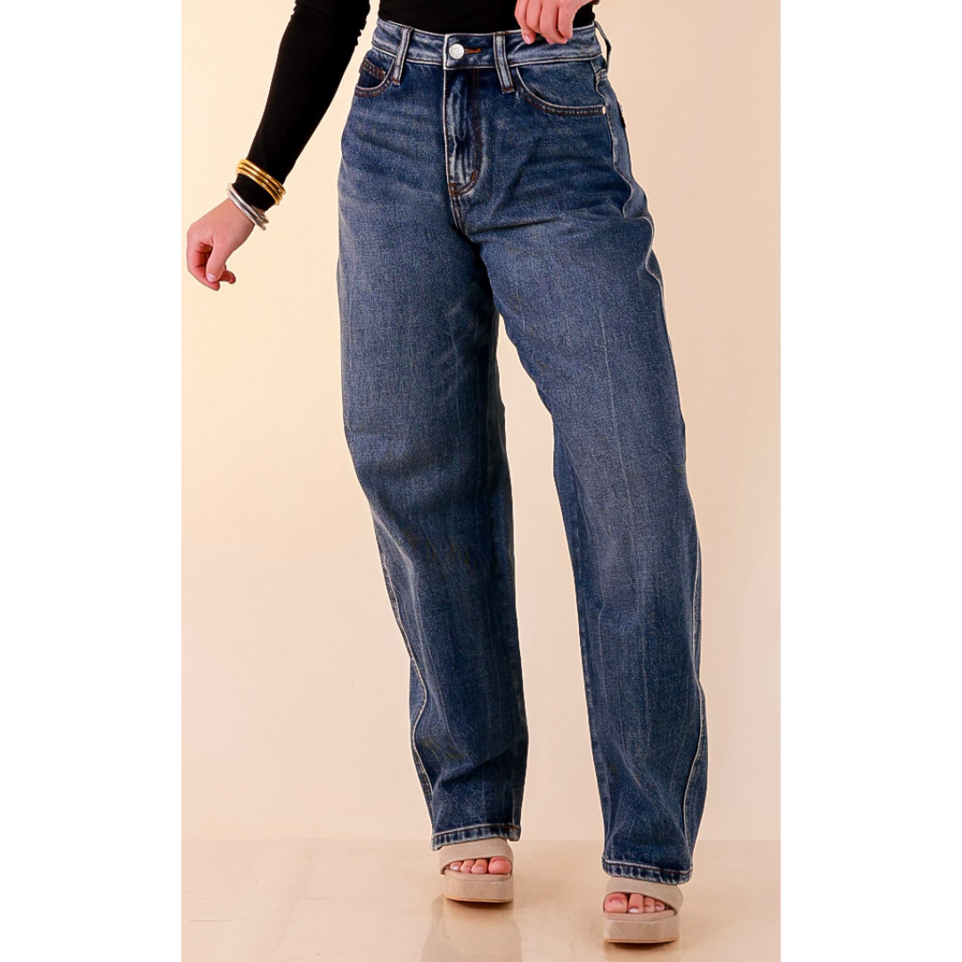 Judy Blue | Everyday Favorite Rigid Magic Marlow Arc Relaxed Wide Leg Barrel Jeans in Dark Weathered Indigo Wash