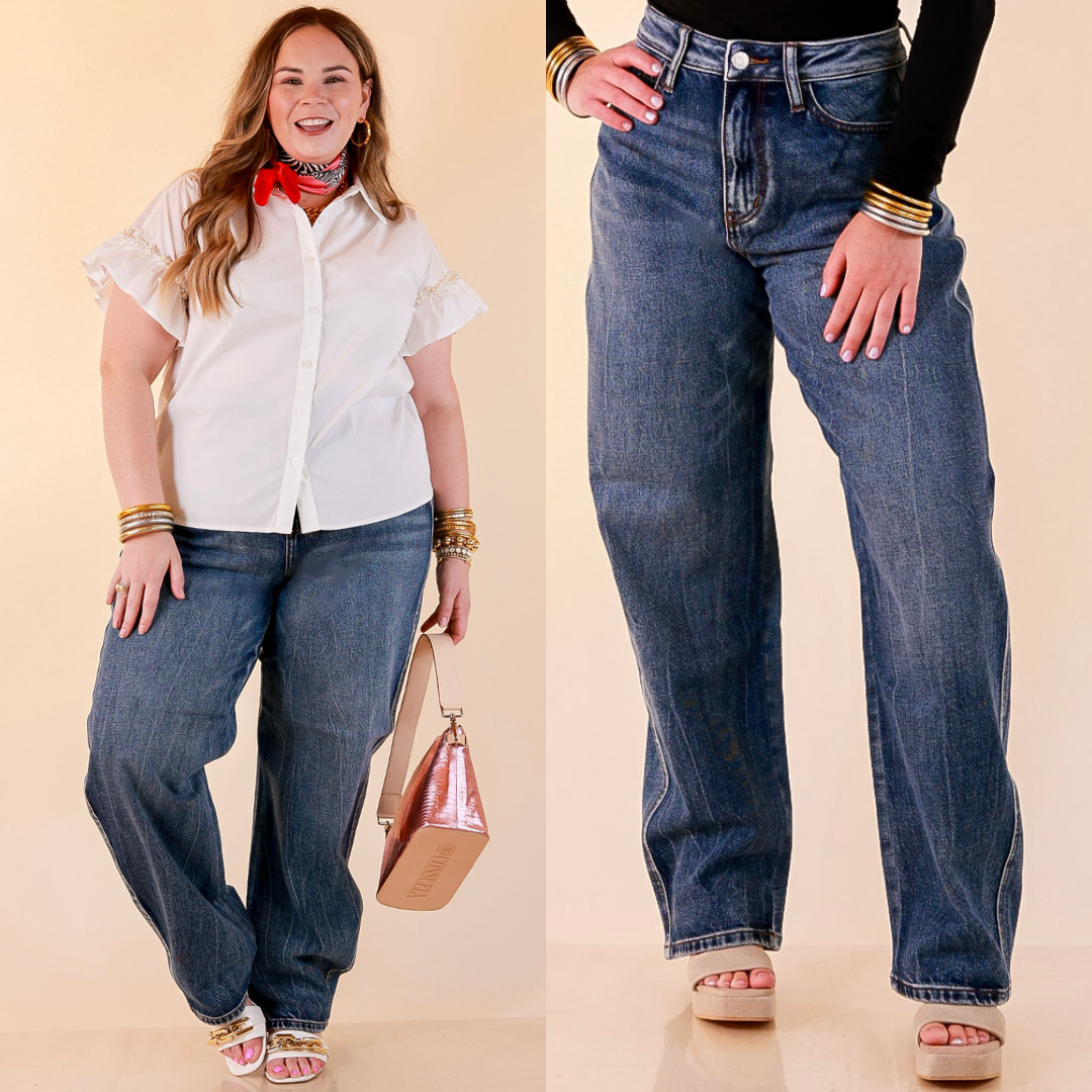 Judy Blue | Everyday Favorite Rigid Magic Marlow Arc Relaxed Wide Leg Barrel Jeans in Dark Weathered Indigo Wash