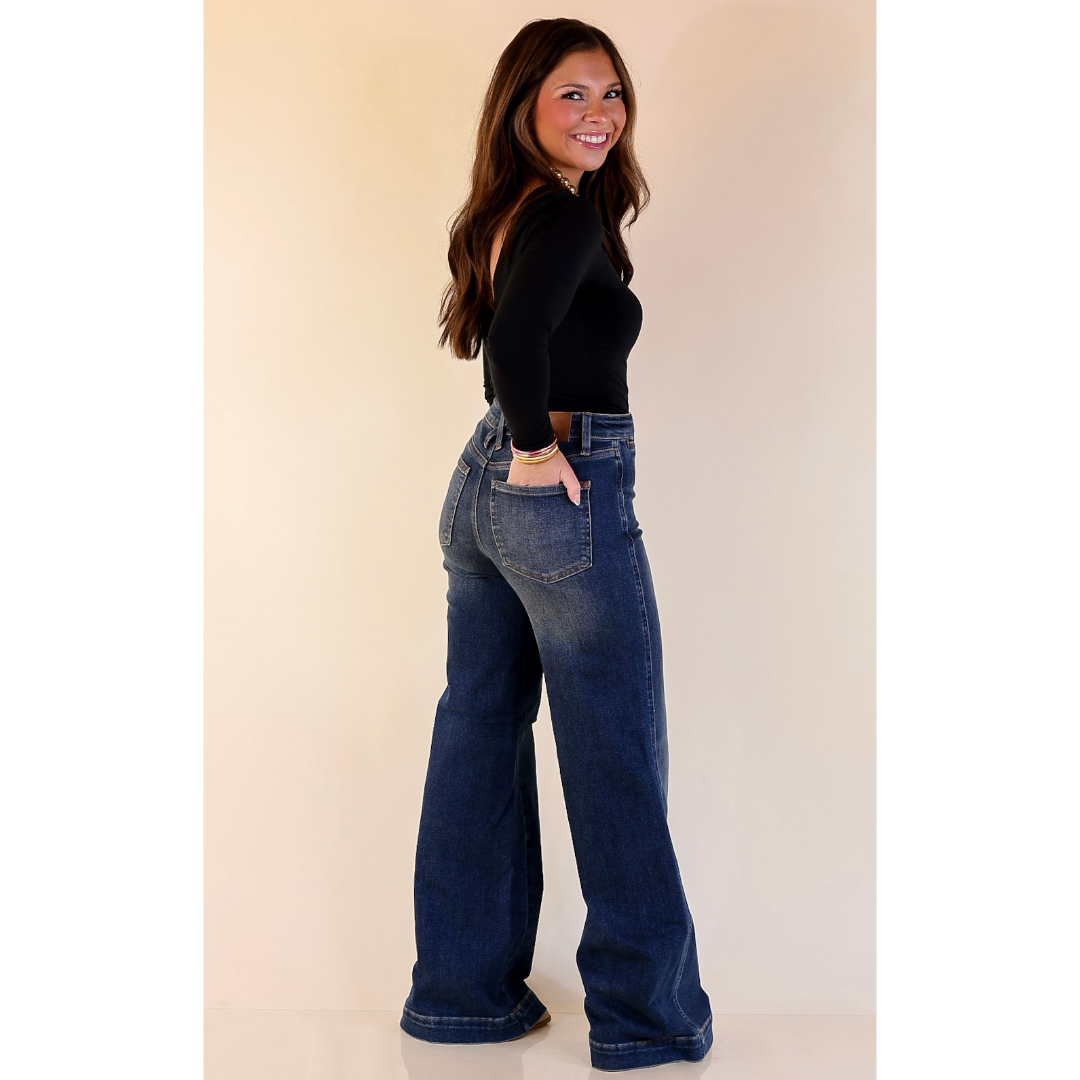 Judy Blue | Perfectly Poised Tummy Control Retro Wide Leg Trouser Jean in Dark Wash