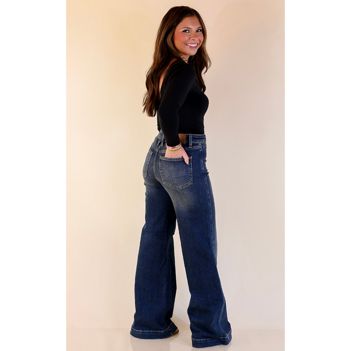 Judy Blue | Perfectly Poised Tummy Control Retro Wide Leg Trouser Jean in Dark Wash