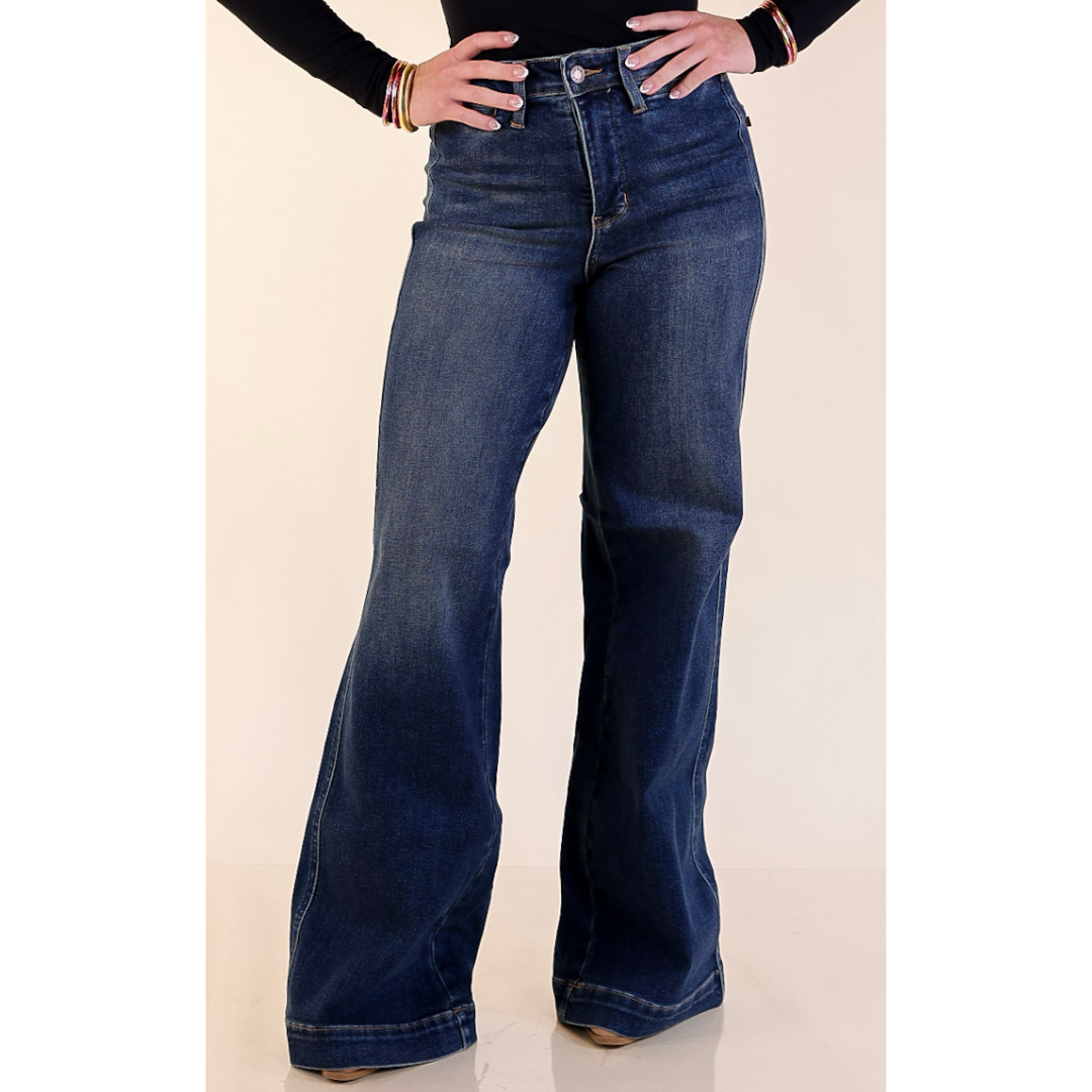 Judy Blue | Perfectly Poised Tummy Control Retro Wide Leg Trouser Jean in Dark Wash