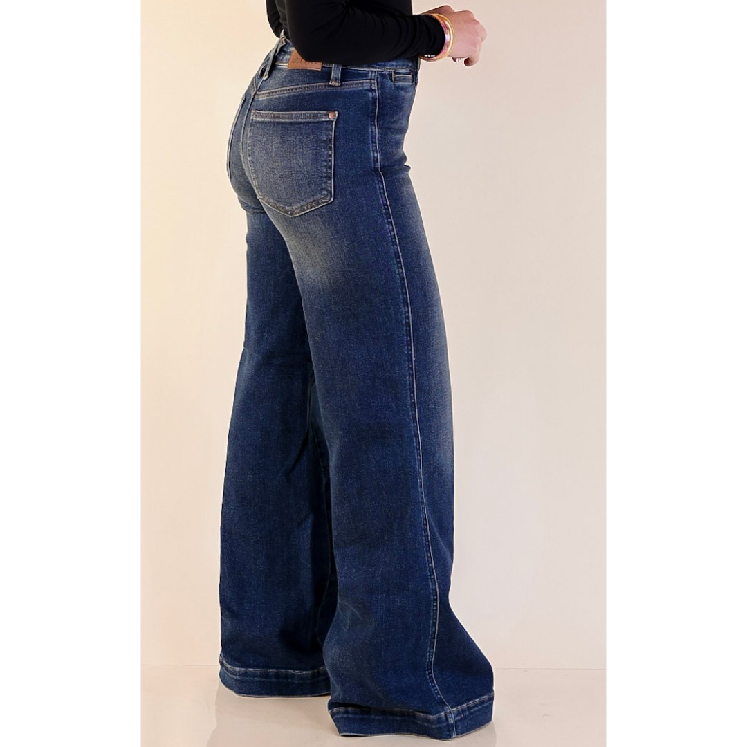 Judy Blue | Perfectly Poised Tummy Control Retro Wide Leg Trouser Jean in Dark Wash